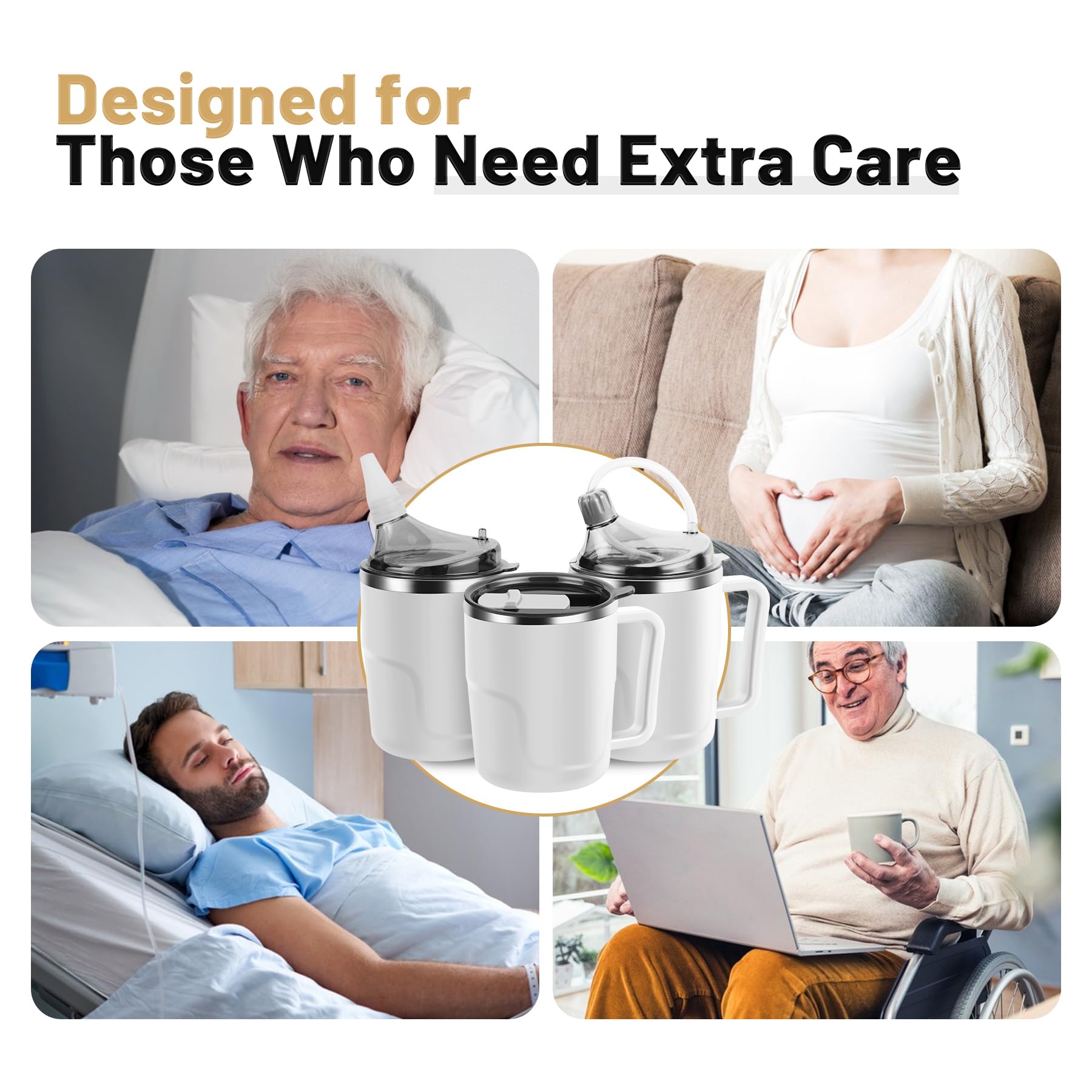 Vaso para adultos a prueba de derrames de 14 onzas con popote para ancianos, taza de acero inoxidable 3 en 1 con 2 tapas, taza de alimentación sin derrames para pacientes discapacitados,
