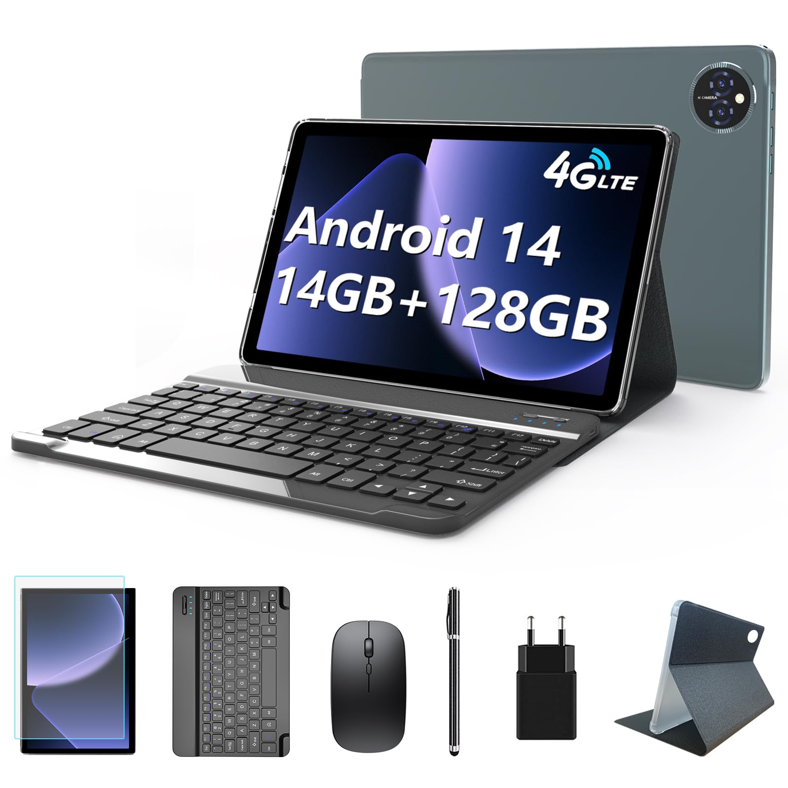 2026 Neueste Android Tablet, Android Tablet 10 Zoll mit 14GB+128GB+1TB TF, 4G LTE 5GHz WiFi Tablet PC, Octa Core, 1280x800 Incell IPS, 7000mAh,13MP+8MP, GPS, GMS, mit Tastatur Stift und Hülle, Grau