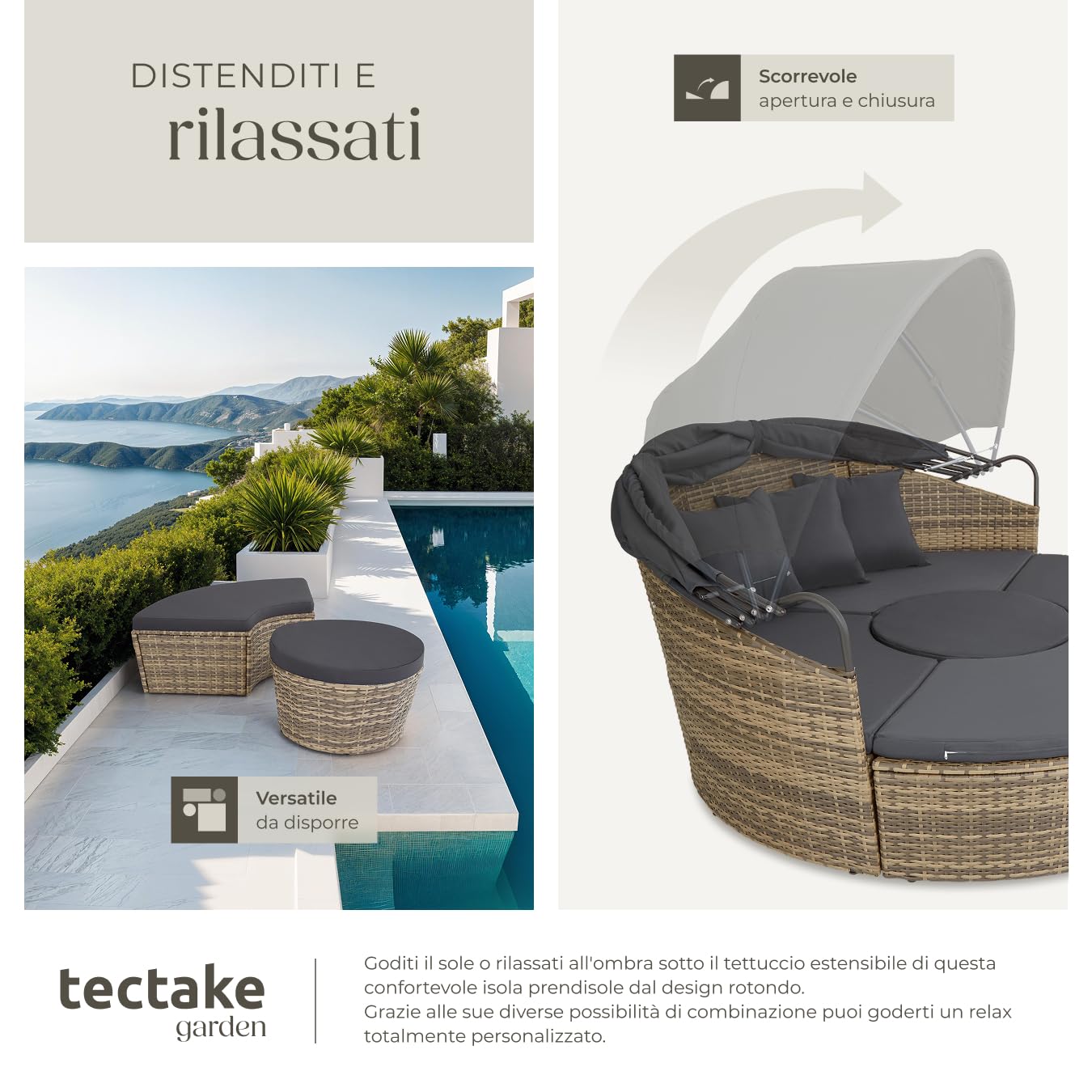 tectake® Isola Prendisole in Rattan, Isola Divano da Esterno con Tettuccio Parasole Pieghevole, Morbidi Cuscini, Componibile, Tavolino e Lettino, Resistente ai Raggi UV, per Giardino - Naturale
