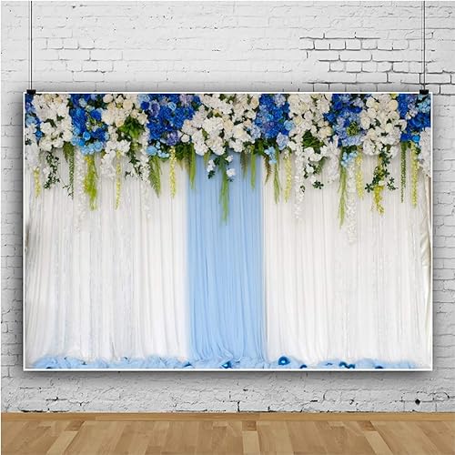 Miniatura 9 de AOFOTO Cortina de flores azules y blancas de 20 x 10 pies, telón de fondo romántico floral para ceremonia de boda, fondo de fotografía para baby