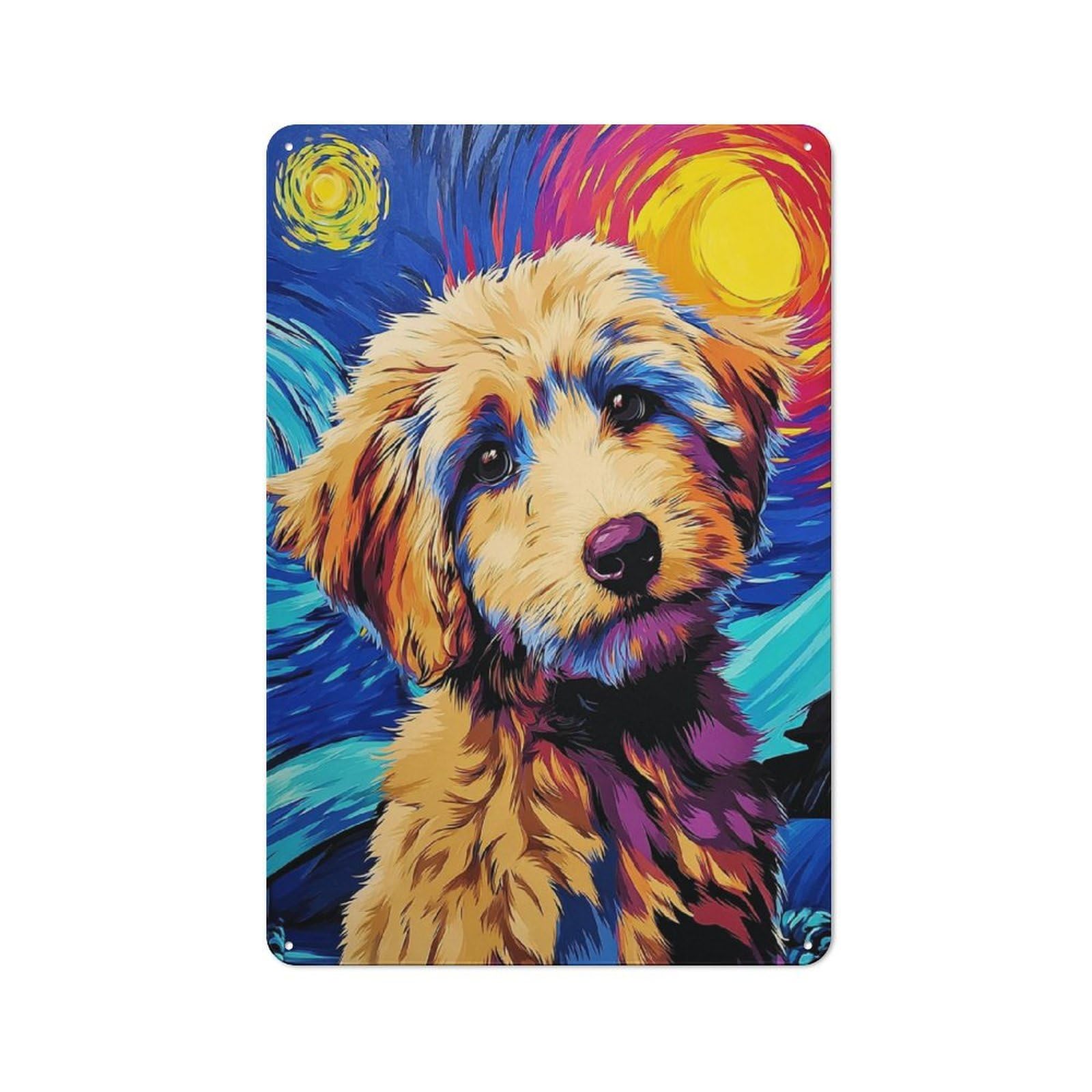 Junmoney Starry Night Pup Vibrant Art Print Metal Wall Sign 30X20cm Featuring For Home Bar Wall, New Home Wall Decor For Hosts Who Enjoy Retro Interiors
