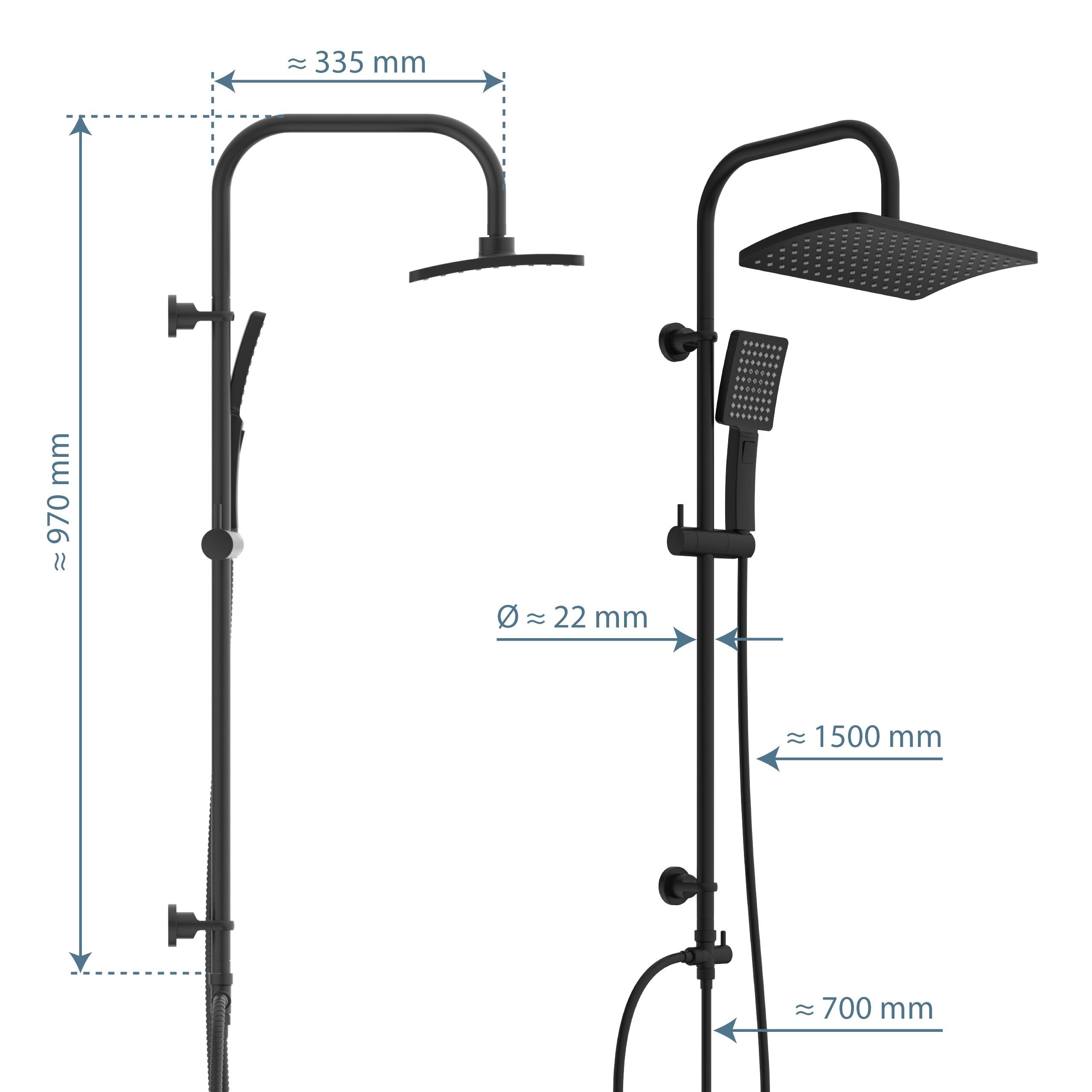 Schütte Duschset MALLORCA Duschsäule mit großer Regendusche Handbrause mit 3 Strahlarten Duschsystem ohne Armatur Schwarz Matt | 3 Strahlarten Duschsystem ohne Armatur Schwarz Matt