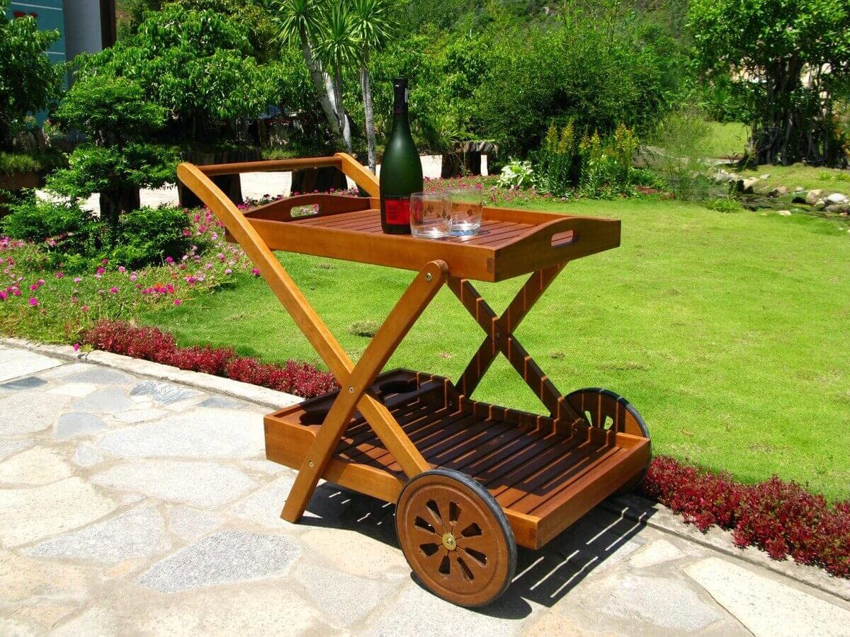 Carrito de mesa de madera de acacia de apoyo para alimentos al aire libre, bares y restaurantes