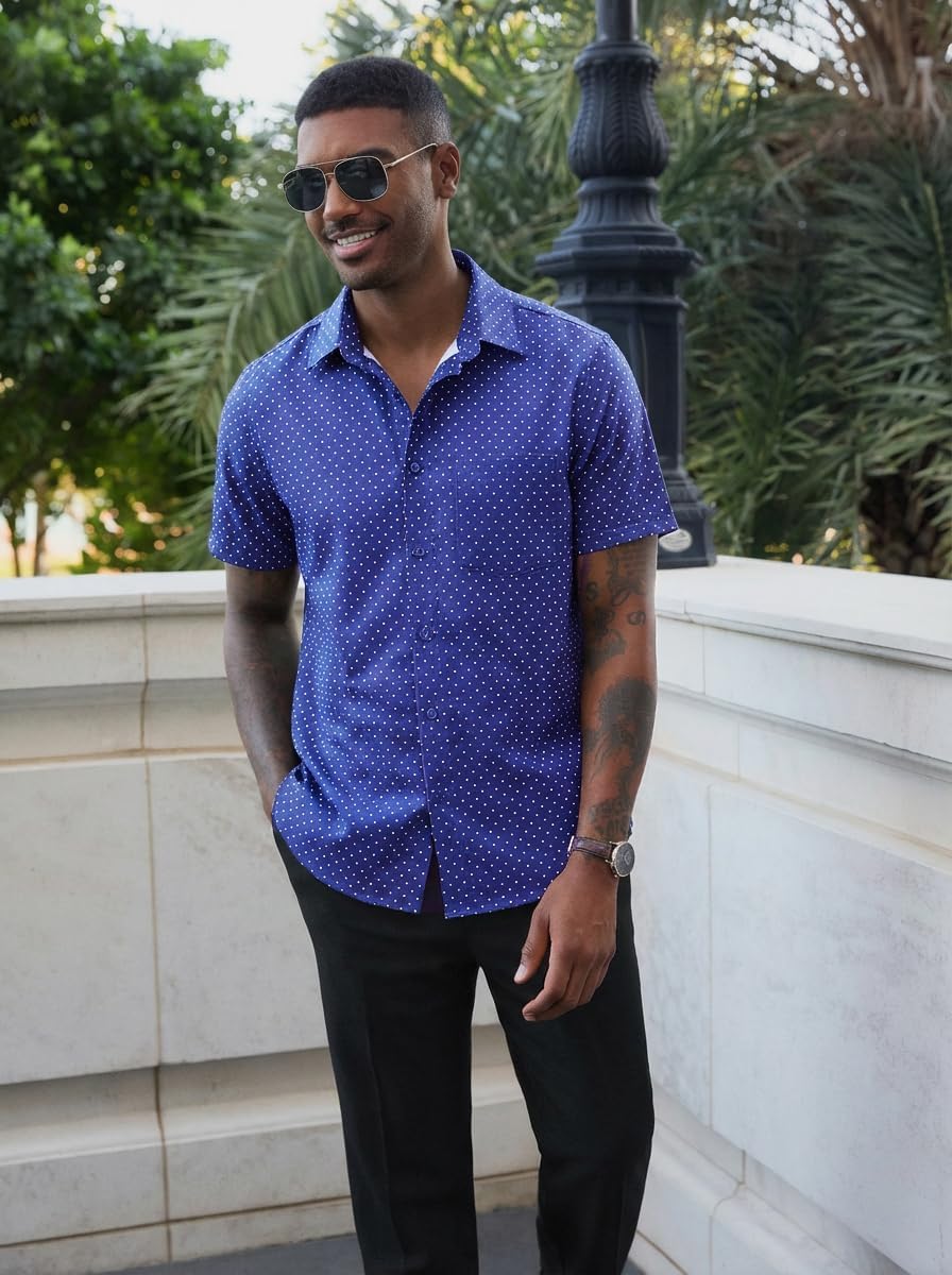 Runcati Mens Button Down Shirts Short Sleeve Wrinkle Free Dress Shirts Business Casual Polka Dot Print Shirt with Pocket - Image 4