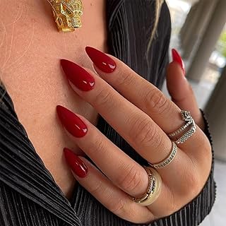 Press on Nails Rot, 24 Stück Medium Almond Stiletto Fake Nails, Pure Color Acrylic Press ons, Reusable Soft Gel Glue on Nails mit Protective UV Coating, für Damen