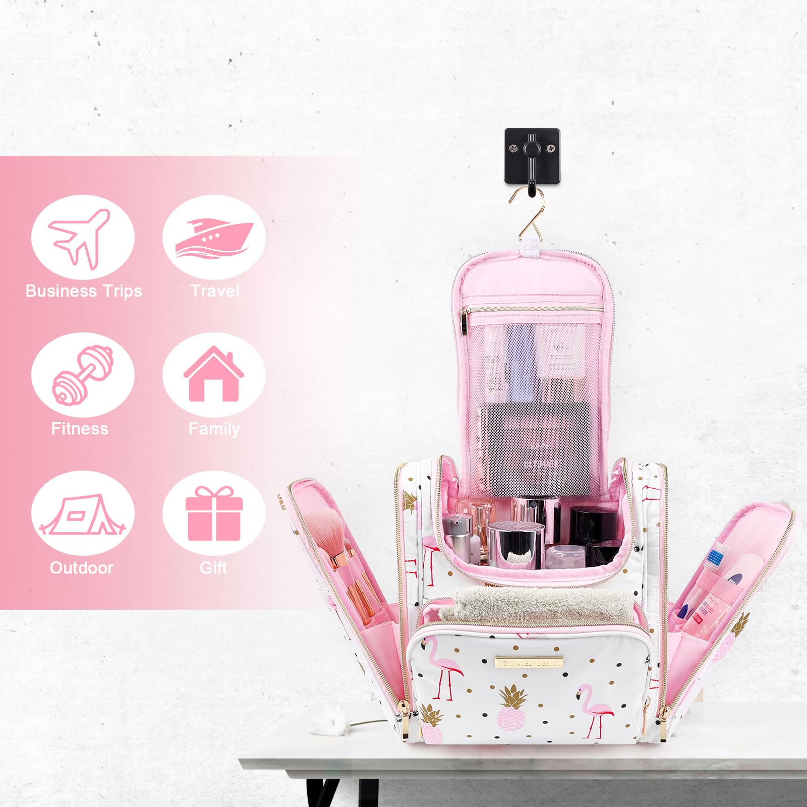 Beauty Case da Viaggio per Donne, Lychii Borsa da Toilette Con Gancio, Impermeabile Trousse Trucchi Cosmetici Organizer - Fenicottero