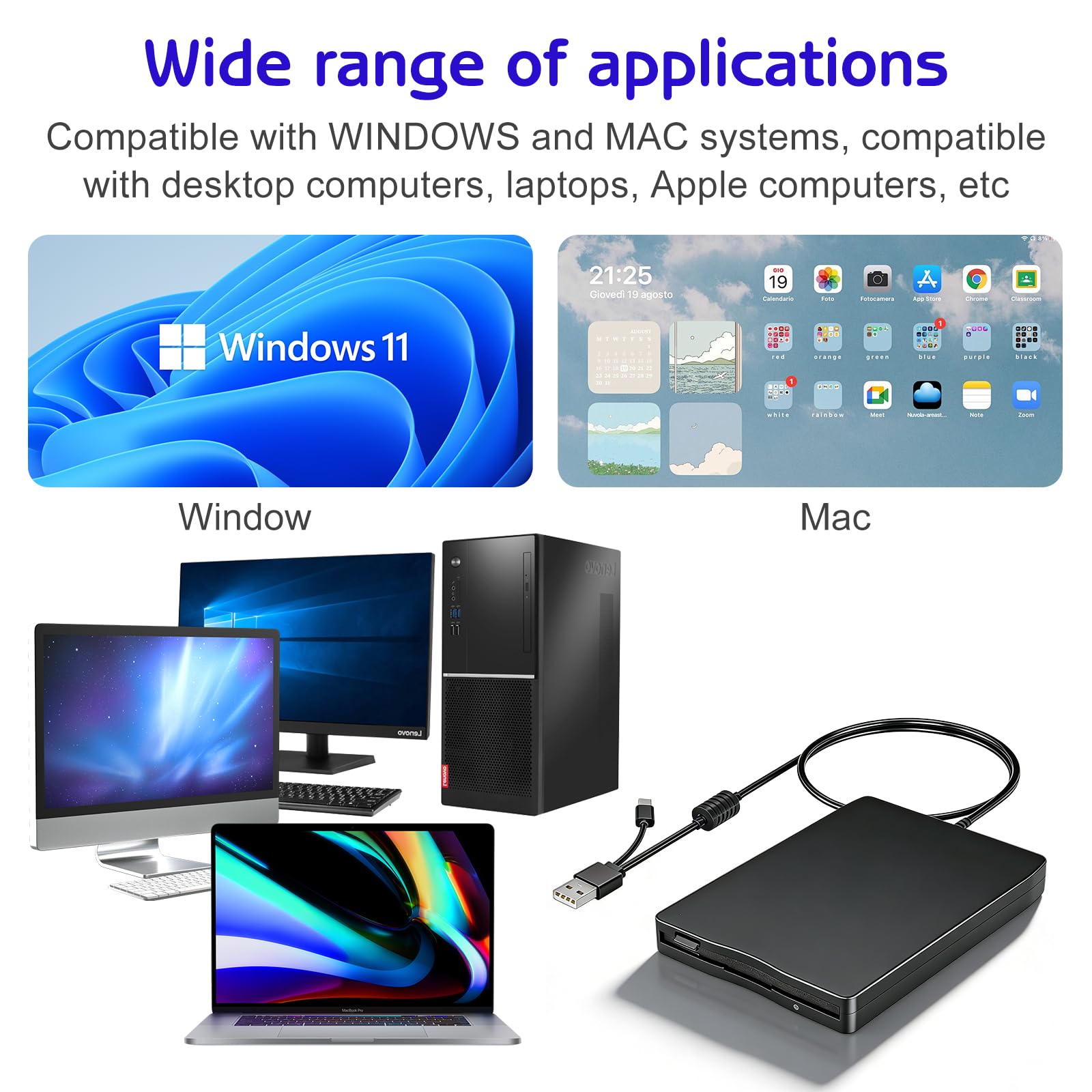 GBKDQQ Unidad de disquete externa USB portátil FDD 1,44 MB 3,5 pulgadas: Slimline Floppy Disk Drive Lector de tarjetas externas Accesorios de ordenador Extraíble Externo Compatible con PC y MAC, Plug