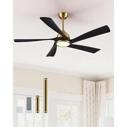 VONLUCE Ceiling Fans with Lights, 52 Inch Ceiling Fan and Remote, 6 Speed Reversible Noiseless DC Motor, Stepless Dimming, 5 Blades Wood Ceiling Fan for Outdoor Indoor Farmhouse Patios, Black Golden