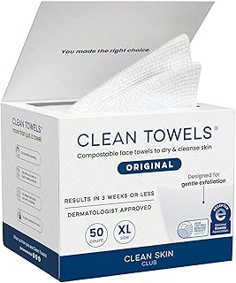 Clean Skin Club - Clean Toallas XL | 1ª toalla facial biodegradable del mundo | Toallitas desechables para quitar maquillaje | Dermatologicamente probada y aprobada | 100% orgánica y libre de crueldad | Super suave para piel sensible | 50CT( Una sola caja)