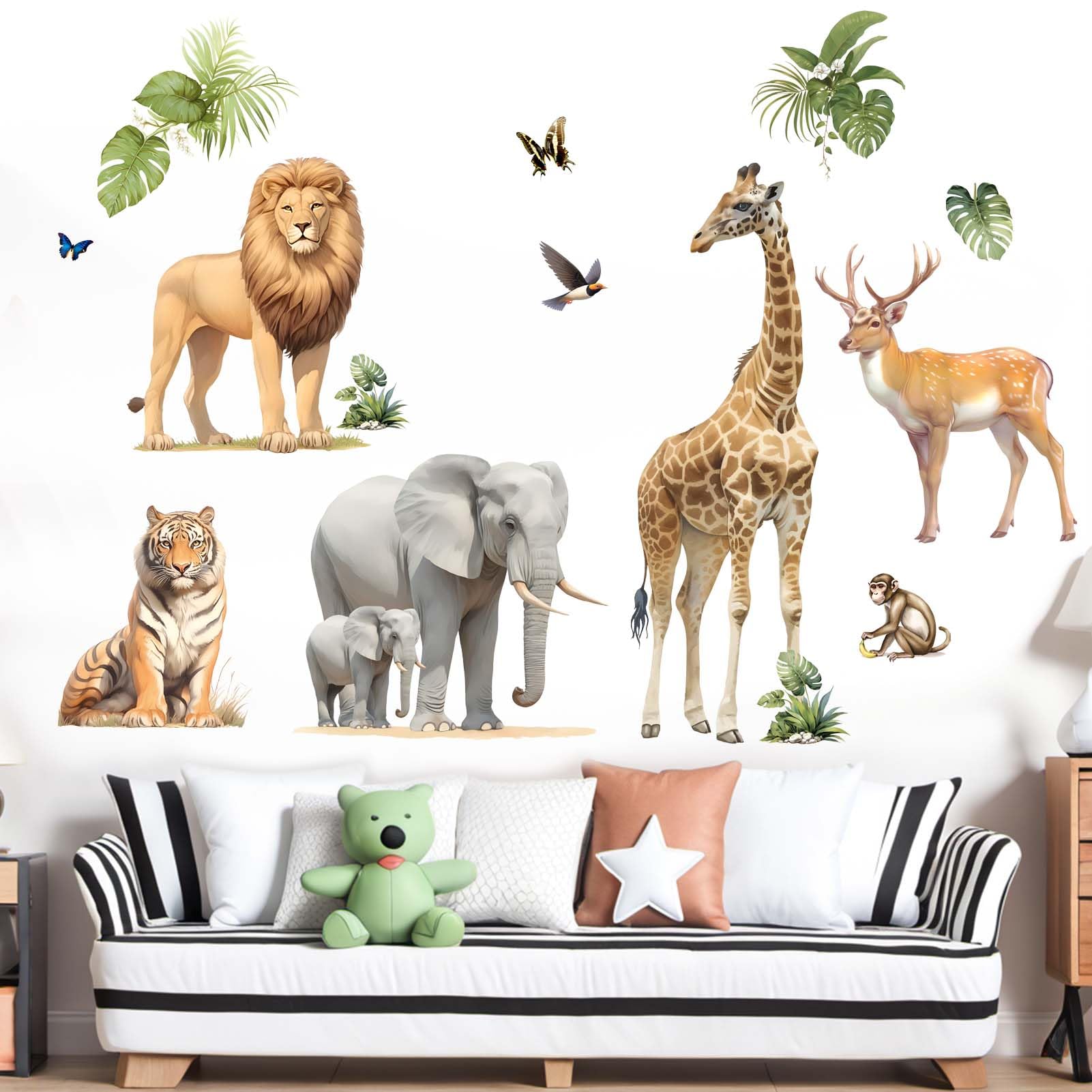 Forest Animals Wall Stickers for Kids: Peel and Stick Monkey Elephant Giraffe Tiger Lion Wall Decals - Wall Decor Art Kids Supplies Ages 1-12 Years