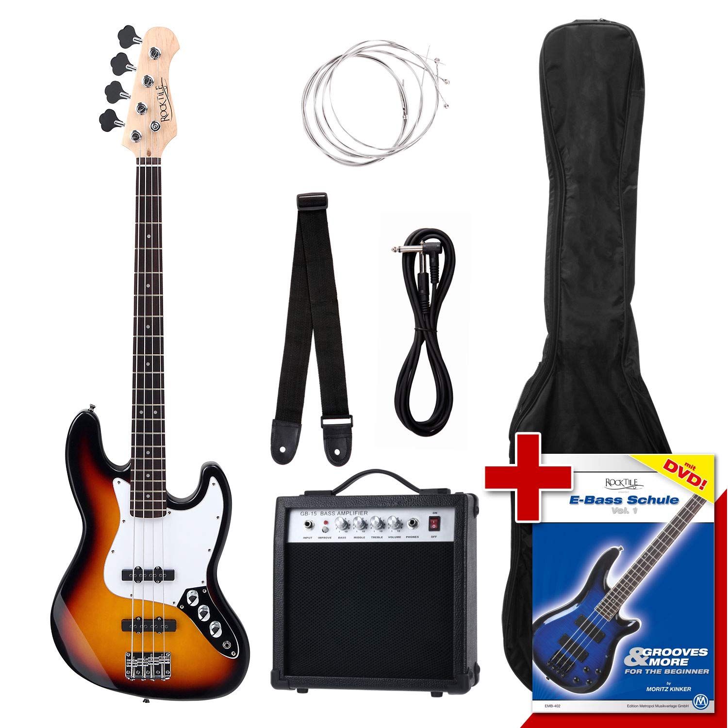 Rocktile Groover's Pack JB E-Bass Sunburst, Acabado 3-Color-Sunburst | Bajo eléctrico Rocktile estilo jazz, 2 pastillas single-coil, 2 controles de volumen/ 1 control de tono, 5 x 12 cm, 1 x Funda