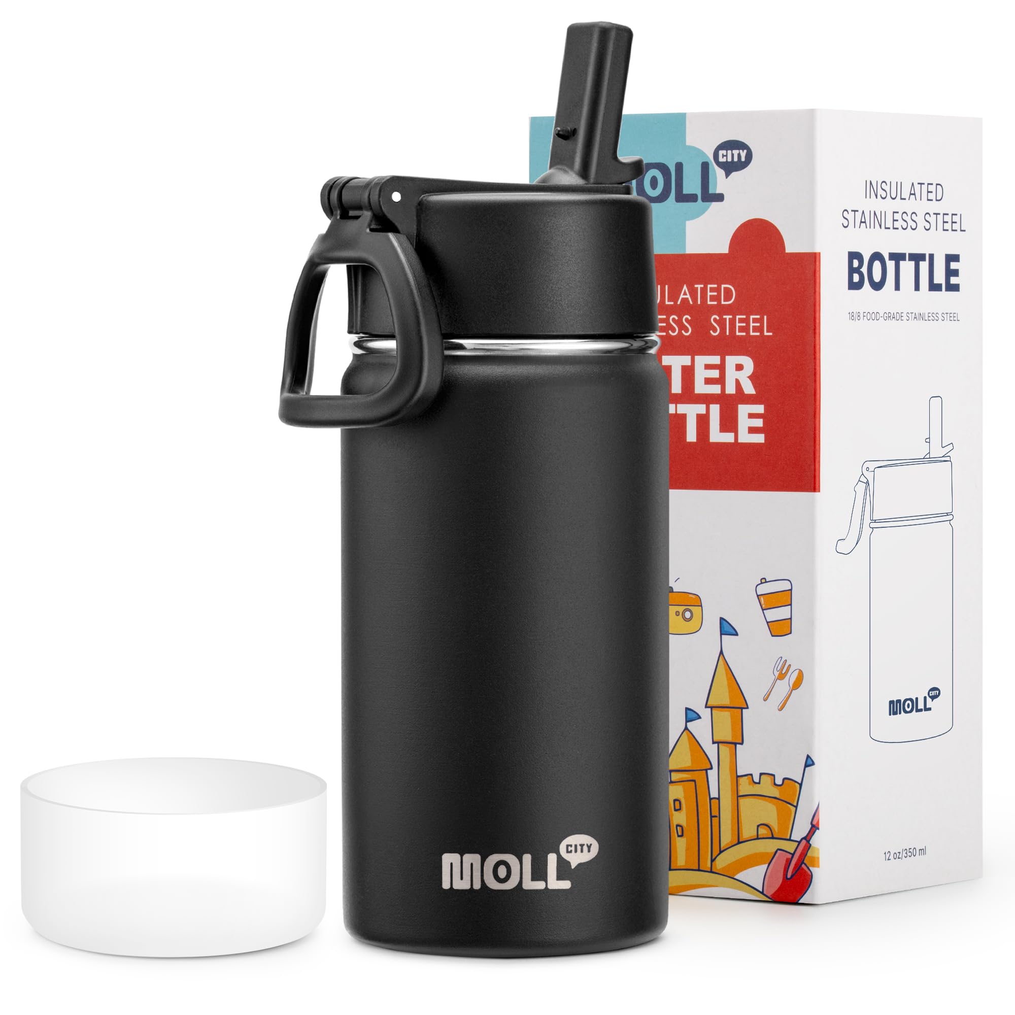 Water Bottle with Straw, Black