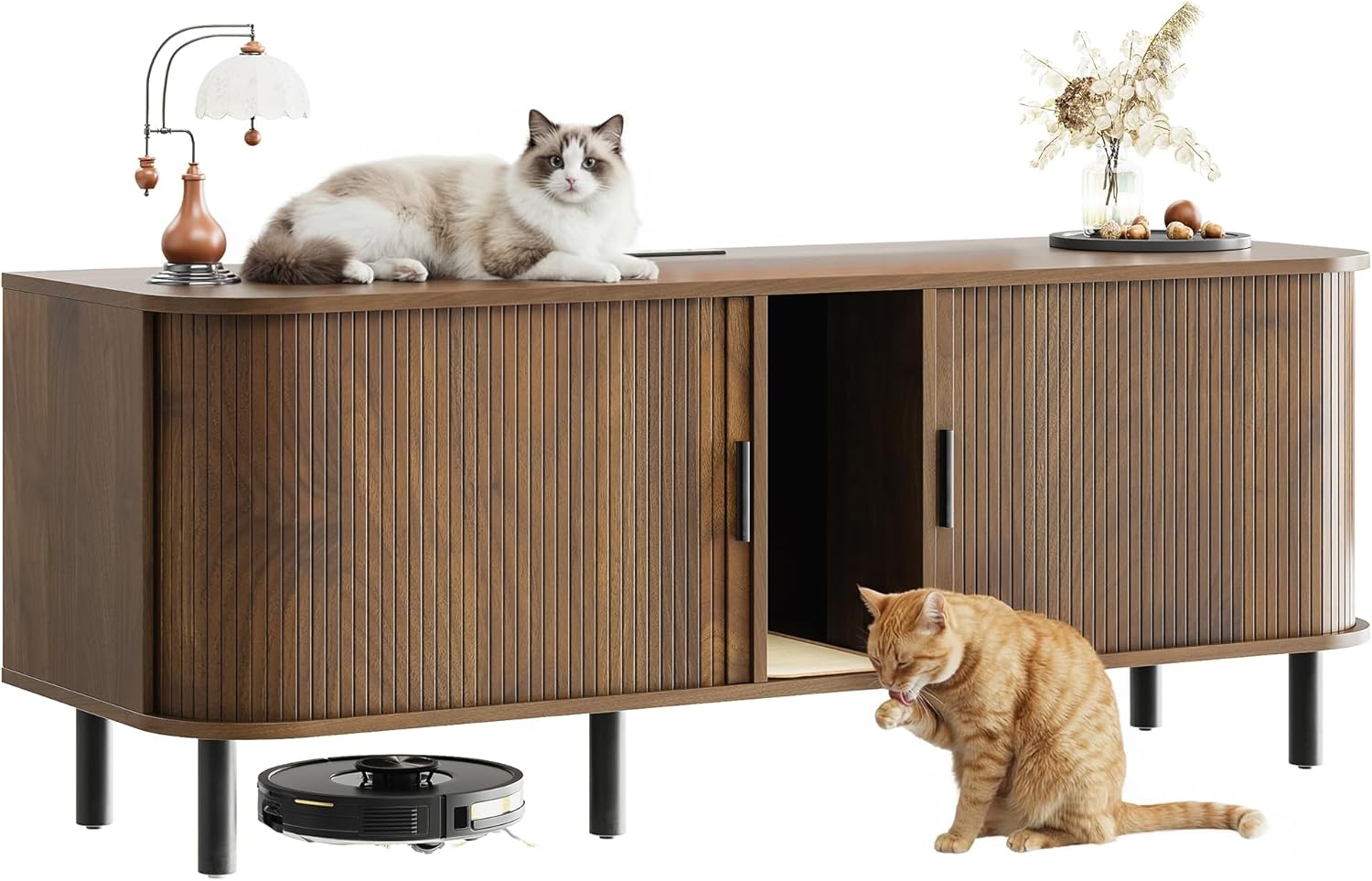 IRONCK 60 Inch Double Cat Litter Box Enclosure Furniture with Built-in Power Outlet & Sliding Door, Hidden Litter Box Cabinet for 2 Cats, Versatile as TV Stand or Sideboard in Walnut