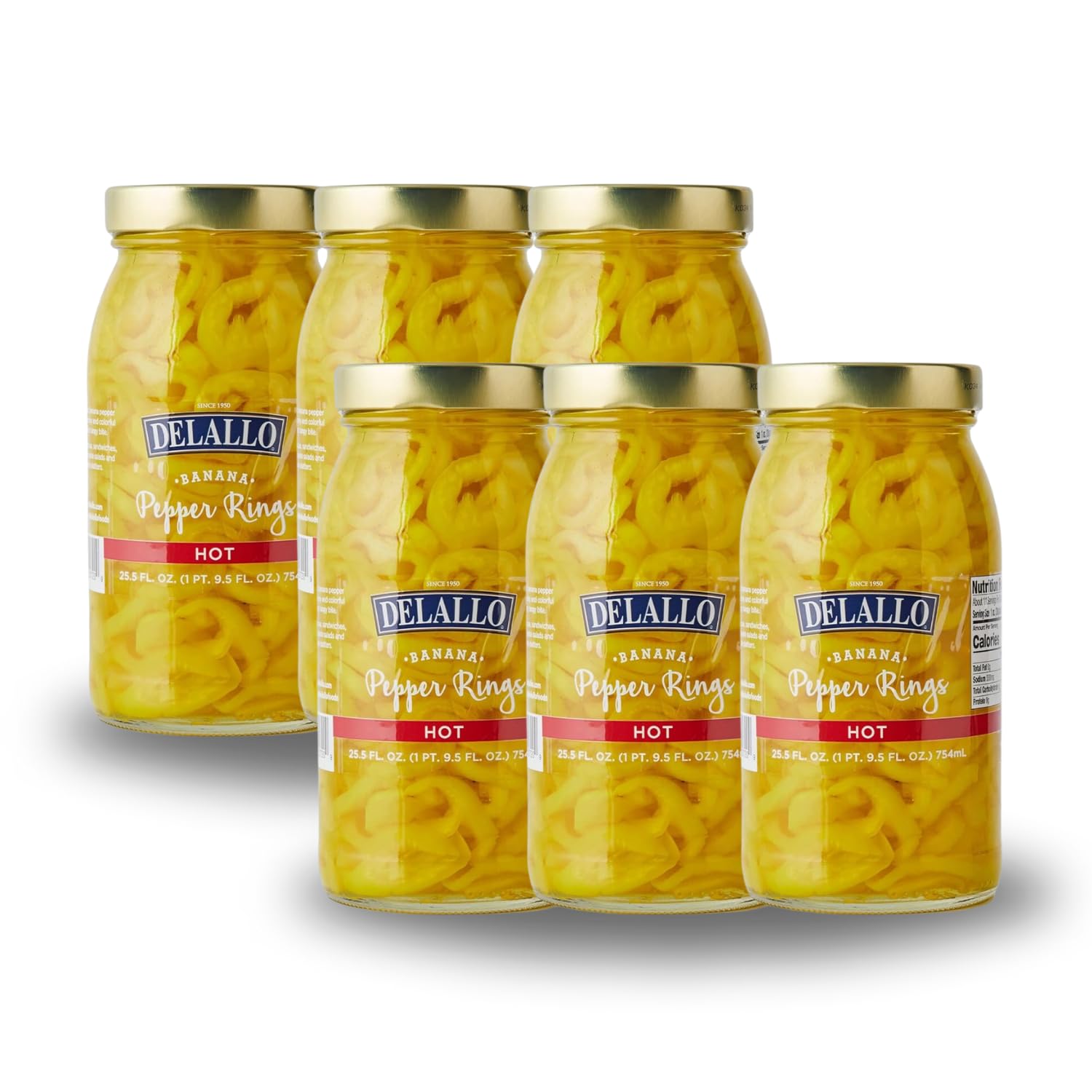 DeLallo Hot Banana Pepper Rings, 25.5 Ounce Jar, 6 Pack, Spicy Yellow Pickled Pepper Rings for Salads & Sandwiches, 100% Cured, Non-GMO, Vegan, Grown in USA