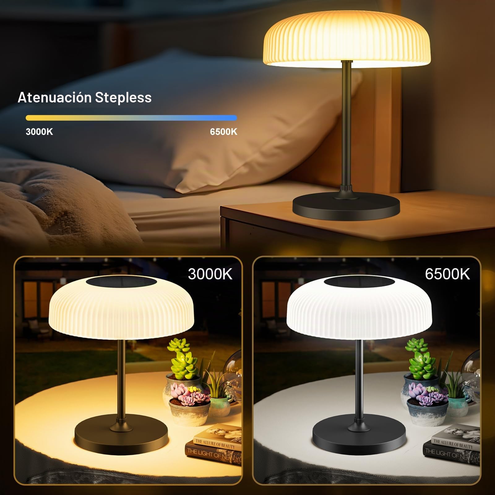 AGOTD - Lámpara de mesa solar para exterior - Lámpara de mesa LED inalámbrica con puerto USB-C - Intensidad variable - Blanco cálido + blanco frío - Para interior y exterior, jardín, terraza