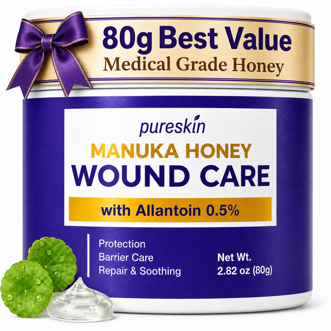 PURESKIN Manuka Honey Wound Care Ointment 2.82 oz (80 g): Manuka Honey Medical Grade Gel for Wounds, Cuts, Scrapes &amp; Burns with Allantoin 0.5%, Tallow &amp; Vitamin E - Fragrance-Free