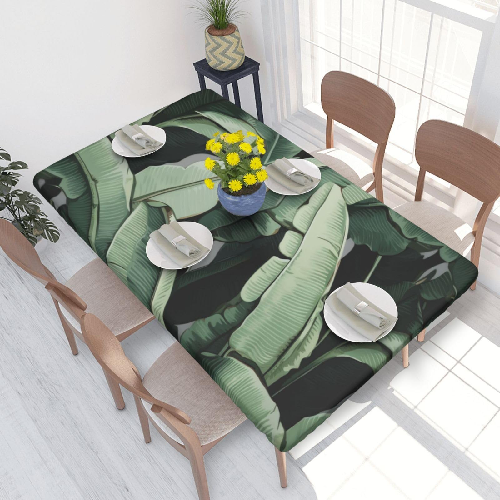 WPKJU Tropical Banana Palm Leaves Art Printed Tablecloths 4ft Rectangular Table Covers Washable Polyester Decorative Table Cloth for Dining Table Picnic Wedding