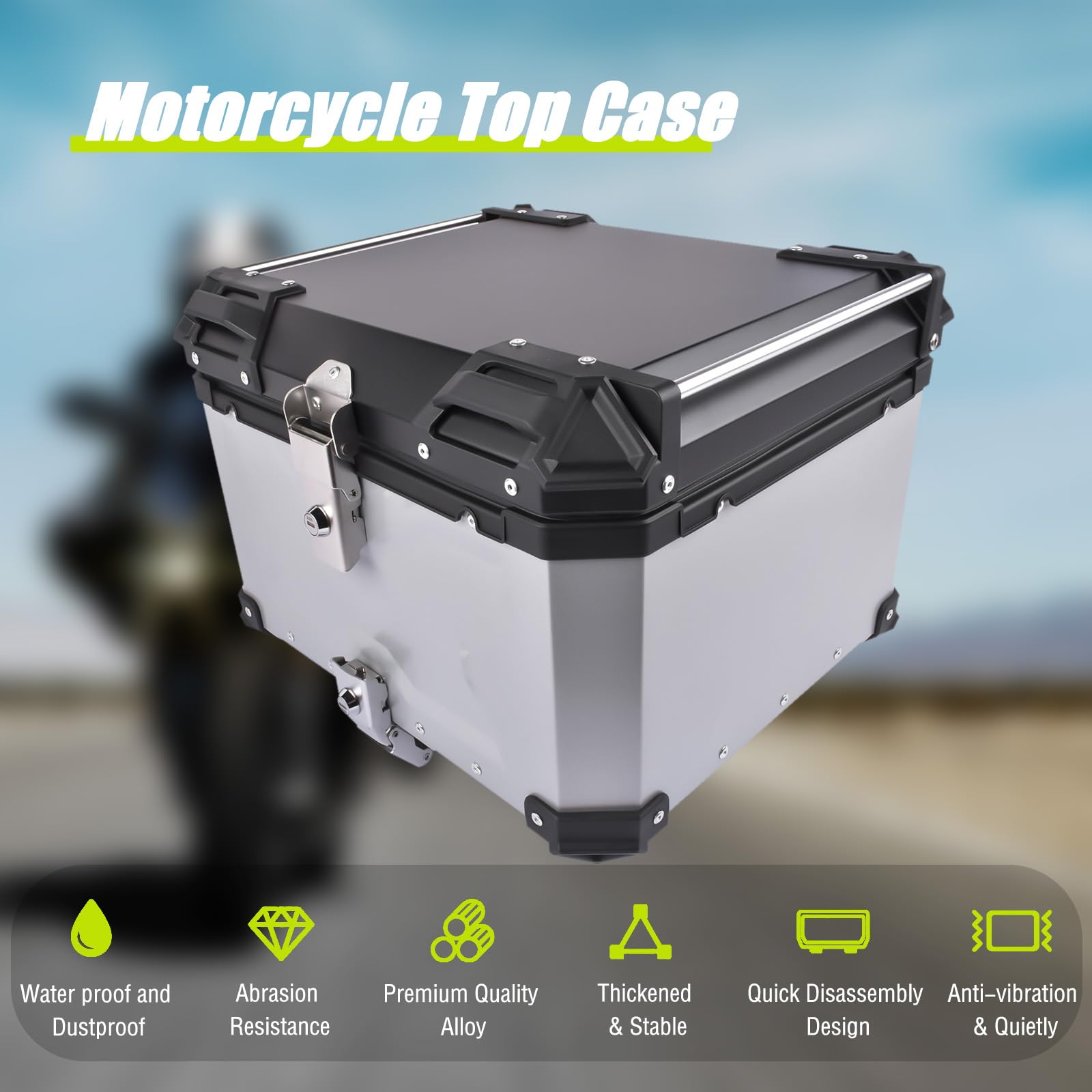 Bisenya 55L Motorrad Topcase, Motorrad Heckbox Reisen Motorradkoffer mit Sicherheitsschloss für Motorradhelm Helm, Wasserdicht Motorrad Top Box (Silber)