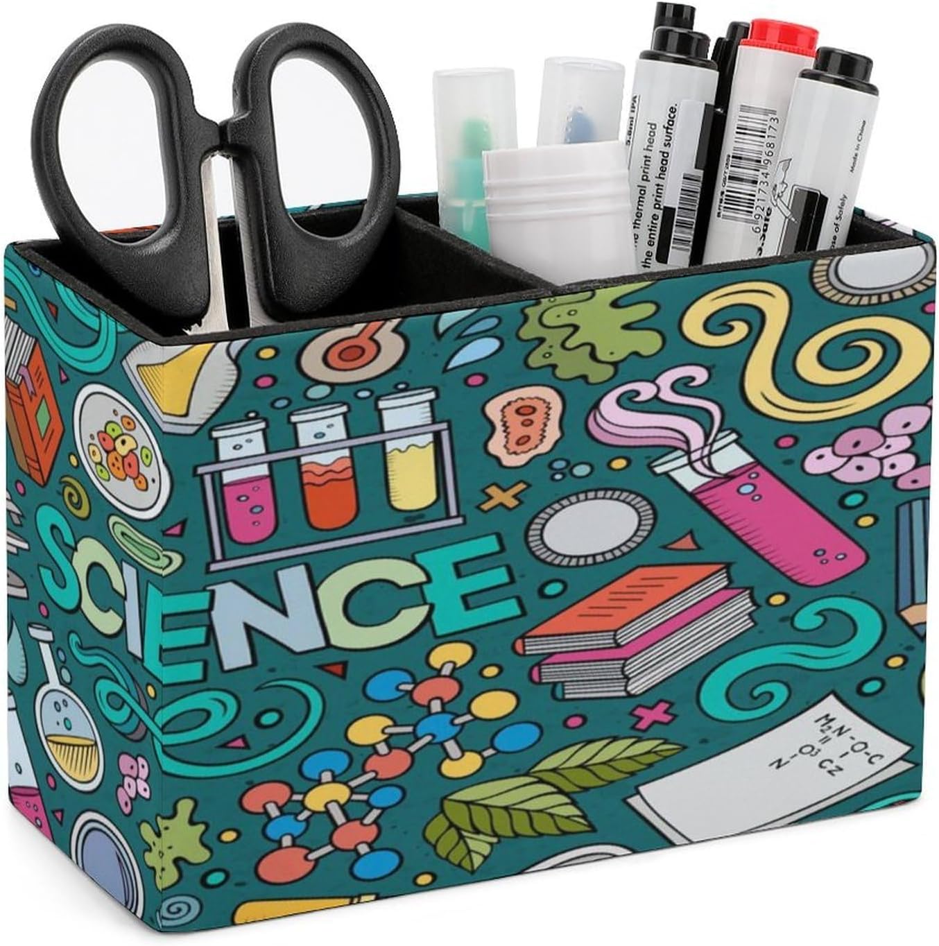 Cartoon Science Theme Pencil Cup PU Leather Desk Organizer Pen Holder Small Remote Control Holder Pencil Cup Office Decor Pen Cups Multifunctional Desktop Organizer Caddy