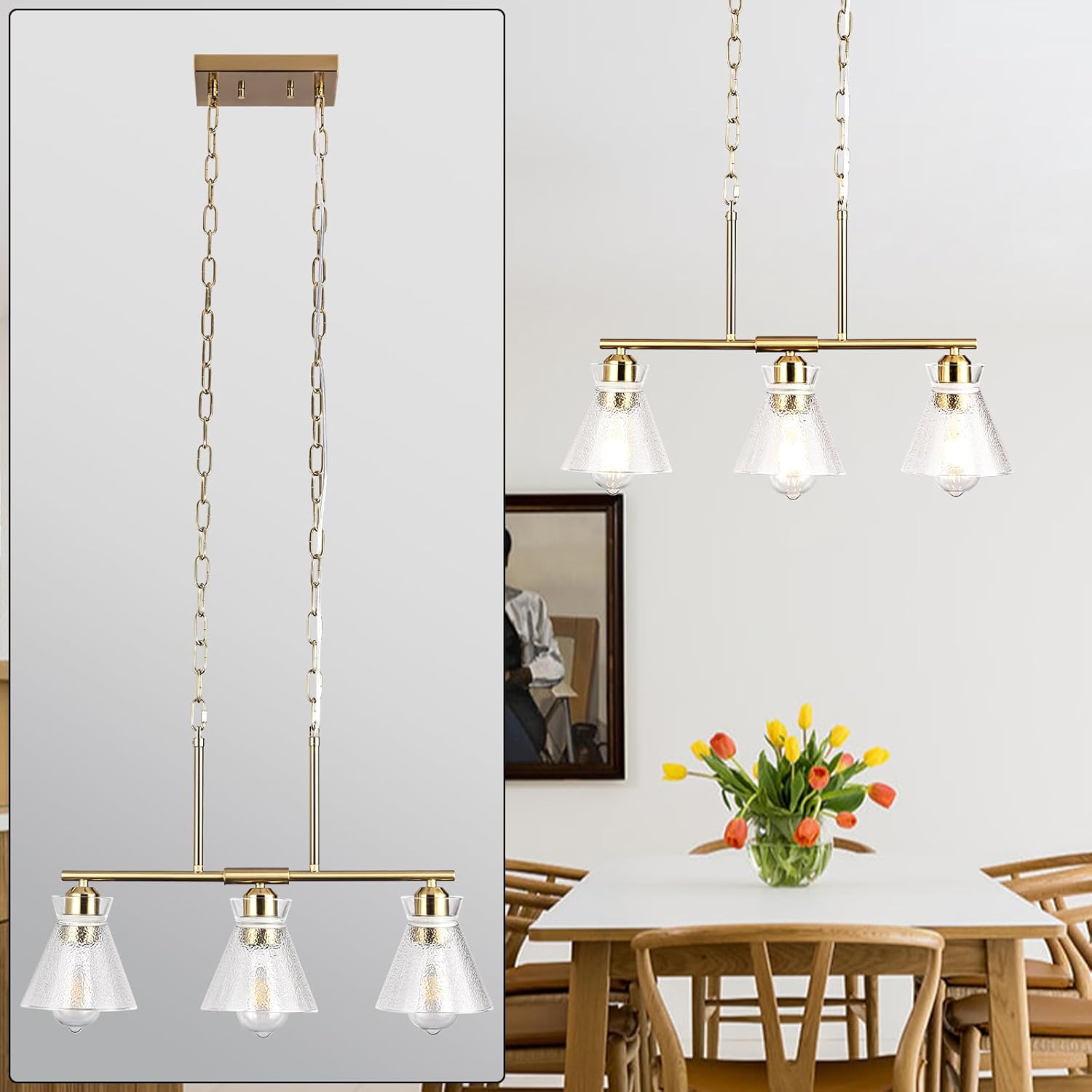 3-Light Linear Island Pendant Lighting, Antique Copper Finish, Modern Chandelier for Kitchen Island, Dining Room, Clear Glass Shades & Iron Frame, Fixed-Length 110-120V