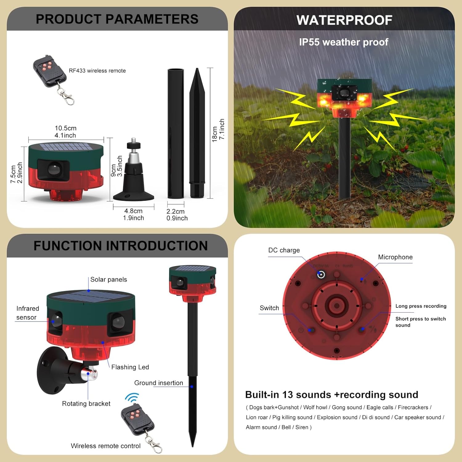 Diagram showing components and dimensions of the solar alarm