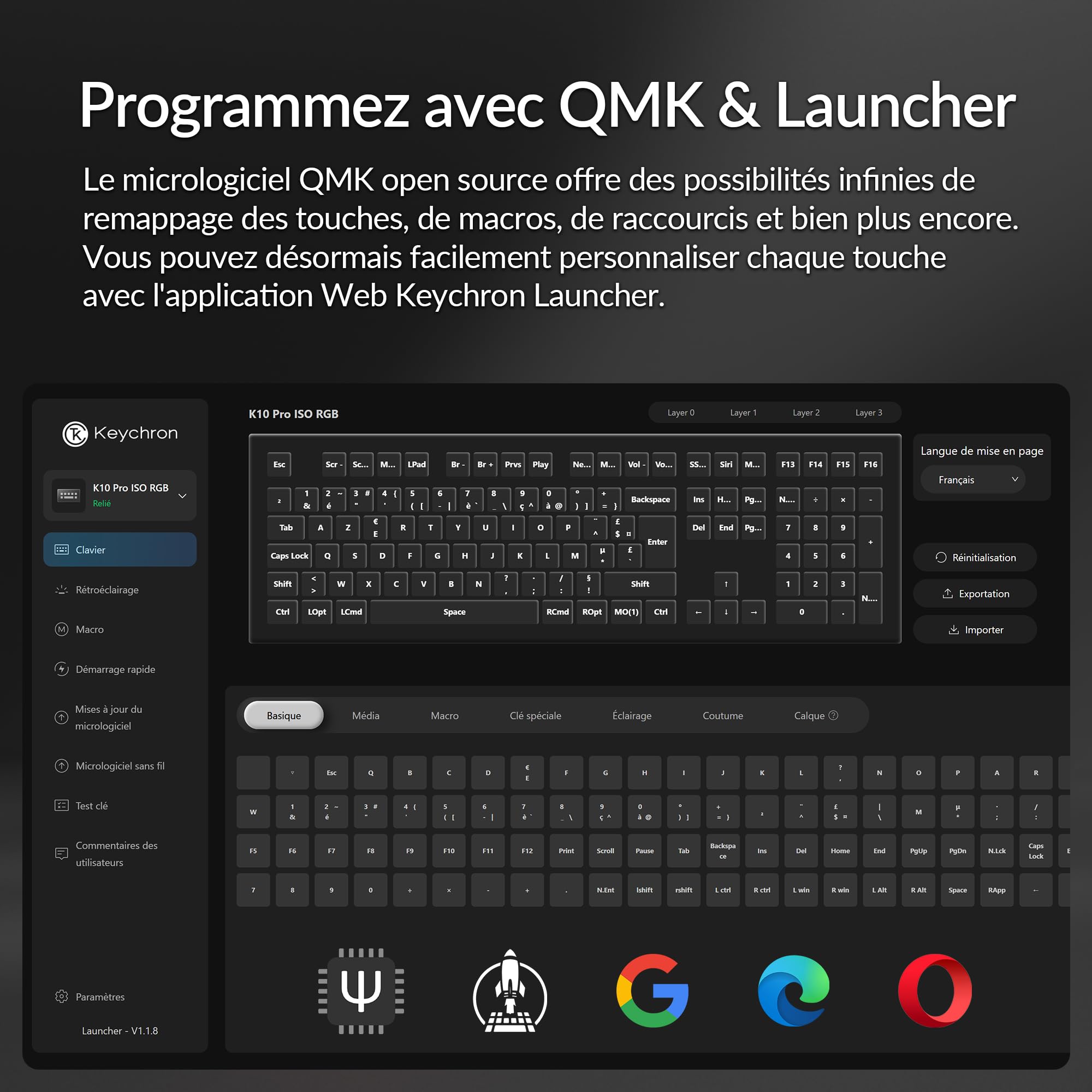 Keychron K10 Pro Clavier Mécanique 100% AZERTY, Bluetooth 5.1 et Câble USB-C, Compatible QMK/Via, Rétroéclairage RGB, Batterie de 4000 mAh, Clavier Gamer sans Fil pour Mac et Windows, Switches Rouges