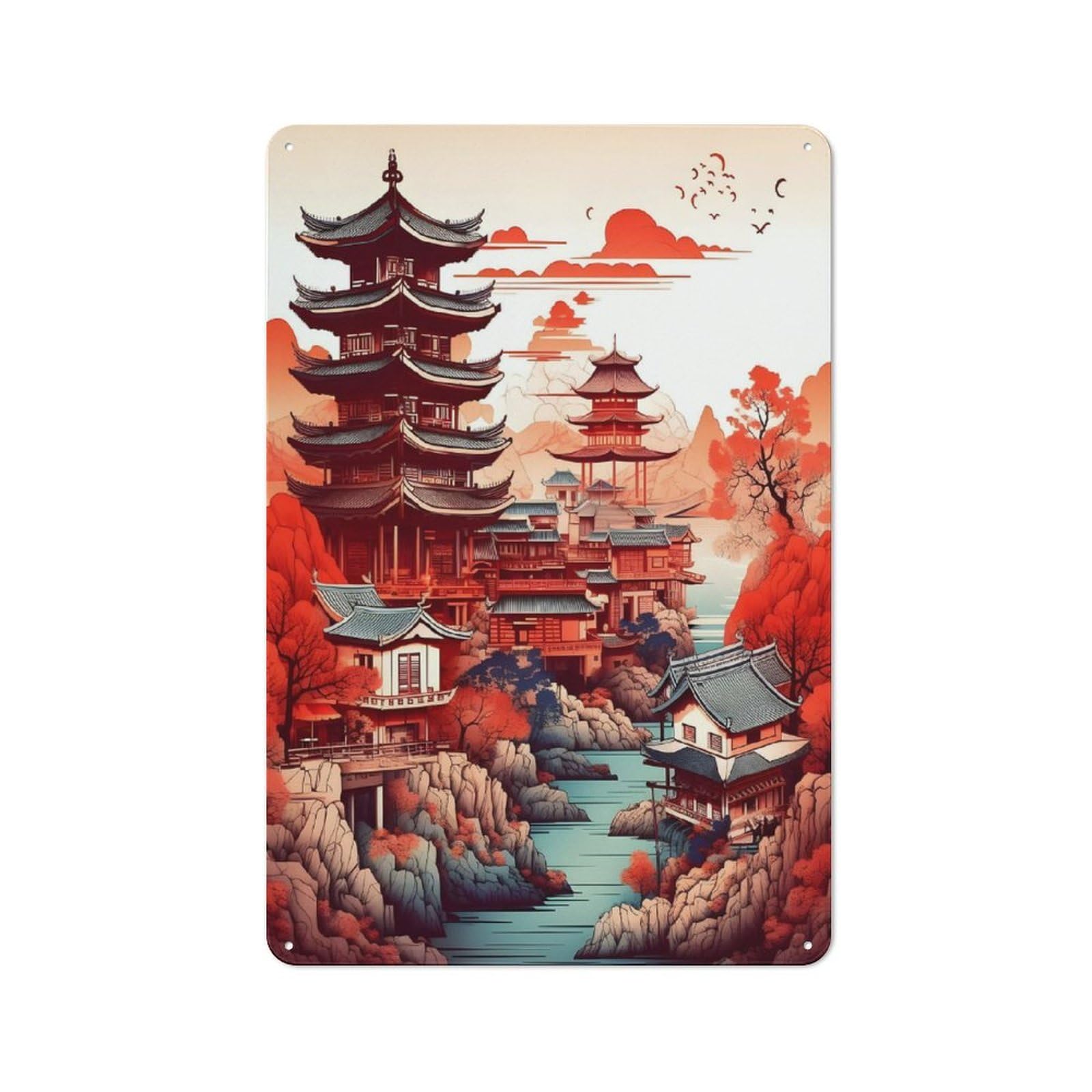 Junmoney Oriental Landscape Metal Wall Sign 30X20cm Featuring For Bar Or Restaurant, For Restaurant Interior Fans