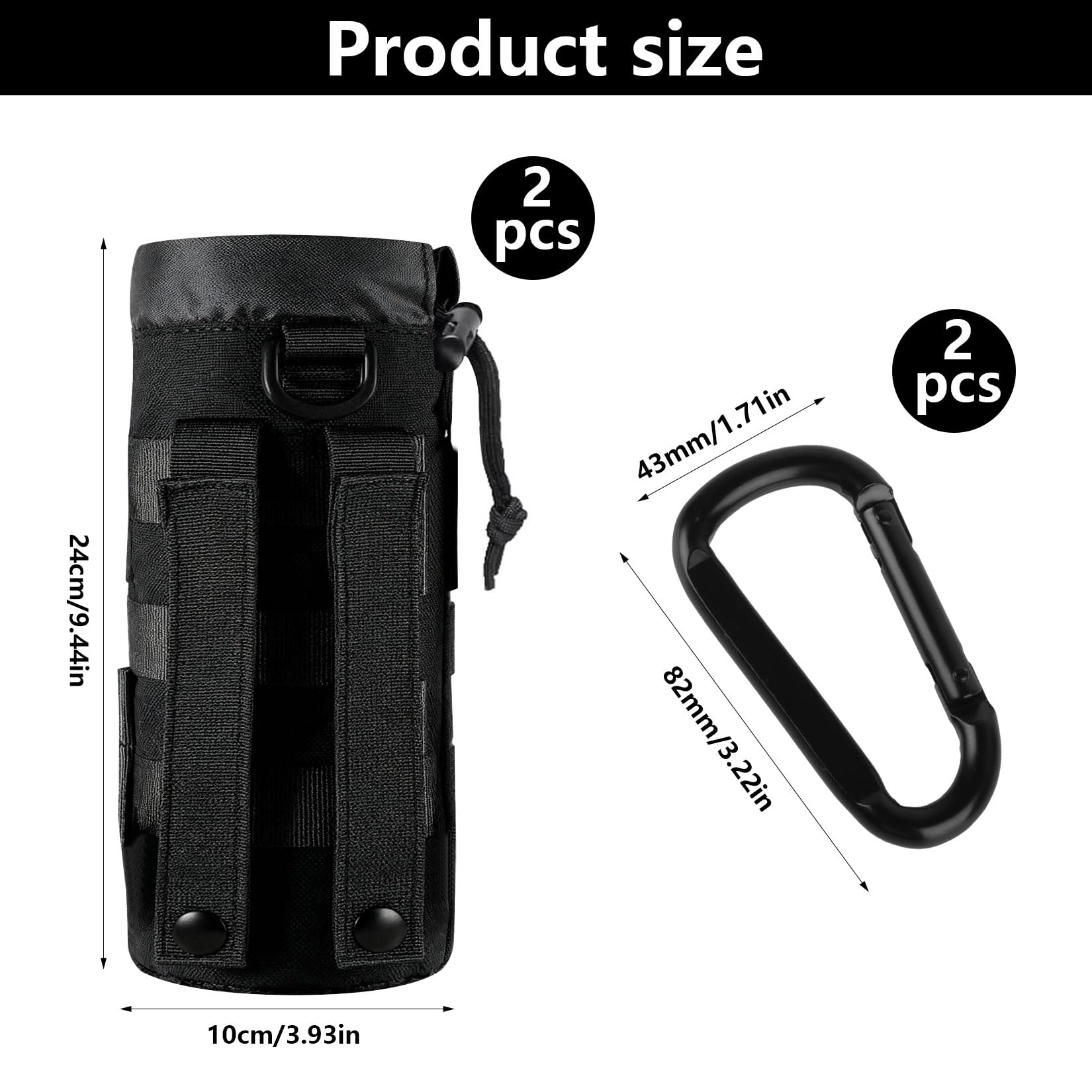 Lot de 2 Porte-Bouteilles Tactiques, pour Ceinture Porte-Bouteilles Molle, Sac à Dos Portable avec Cordon de Serrage, Ceinture -Bouteilles de Camping + 2 mousquetons
