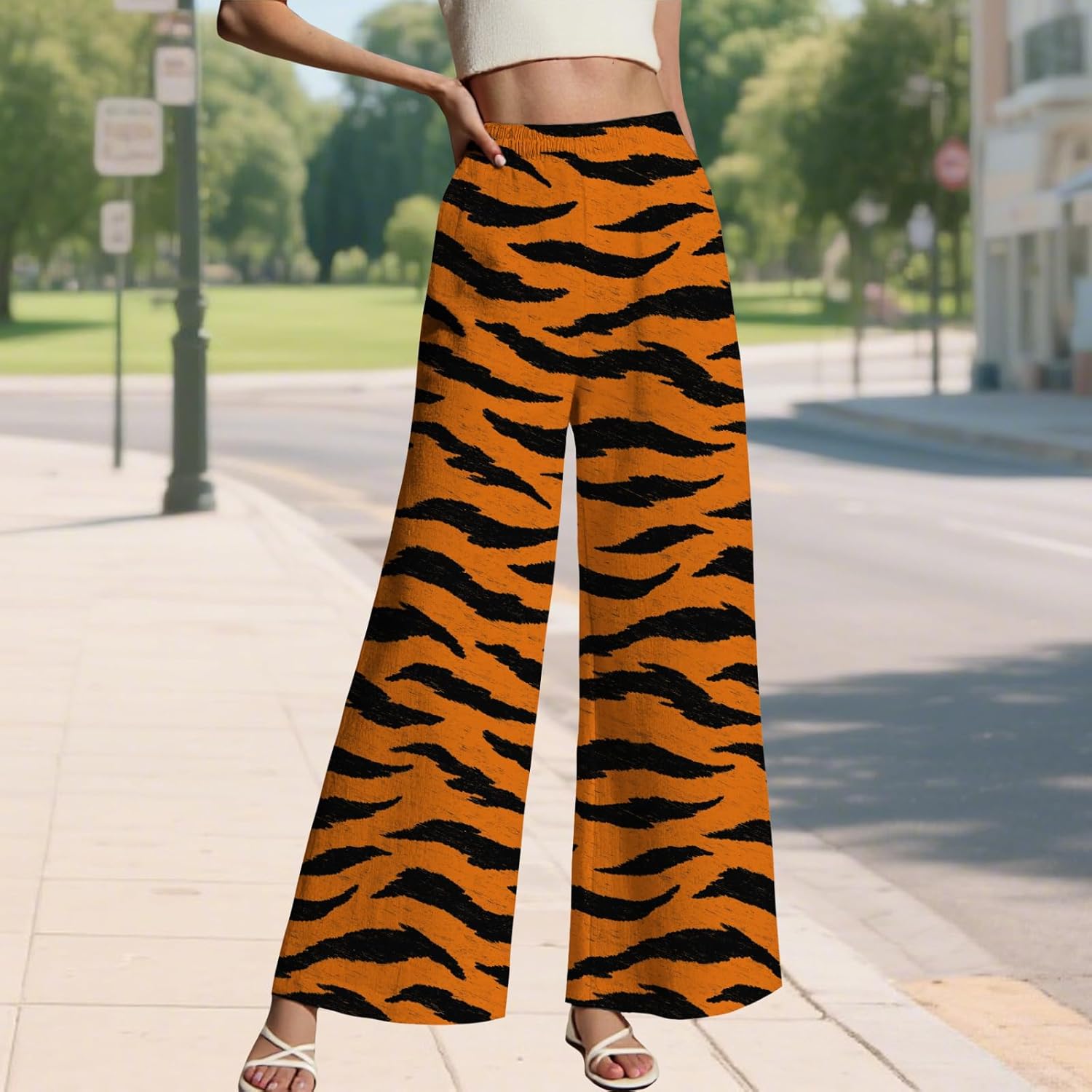 LIZALIG Women's Leopard Print Pants High Waist Wide Leg Trousers with Elastic Waistband Casual Loose Fit Pockets - Image 2