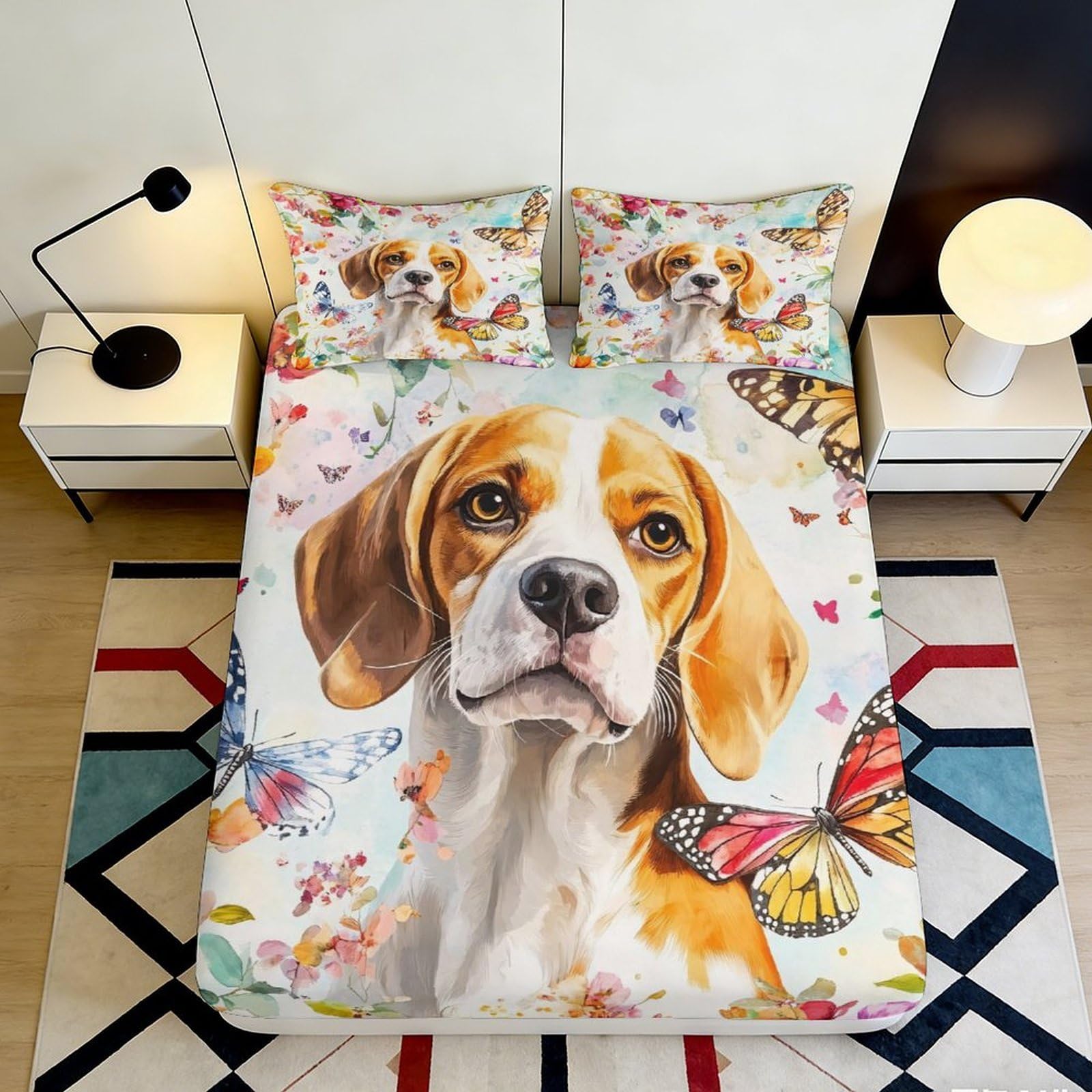 3D Printed Beagle Dog Fitted Sheet Microfiber Soft Butterfly Bed Cover for Bedroom Dorm Easy Care Decor 90x200x25cm