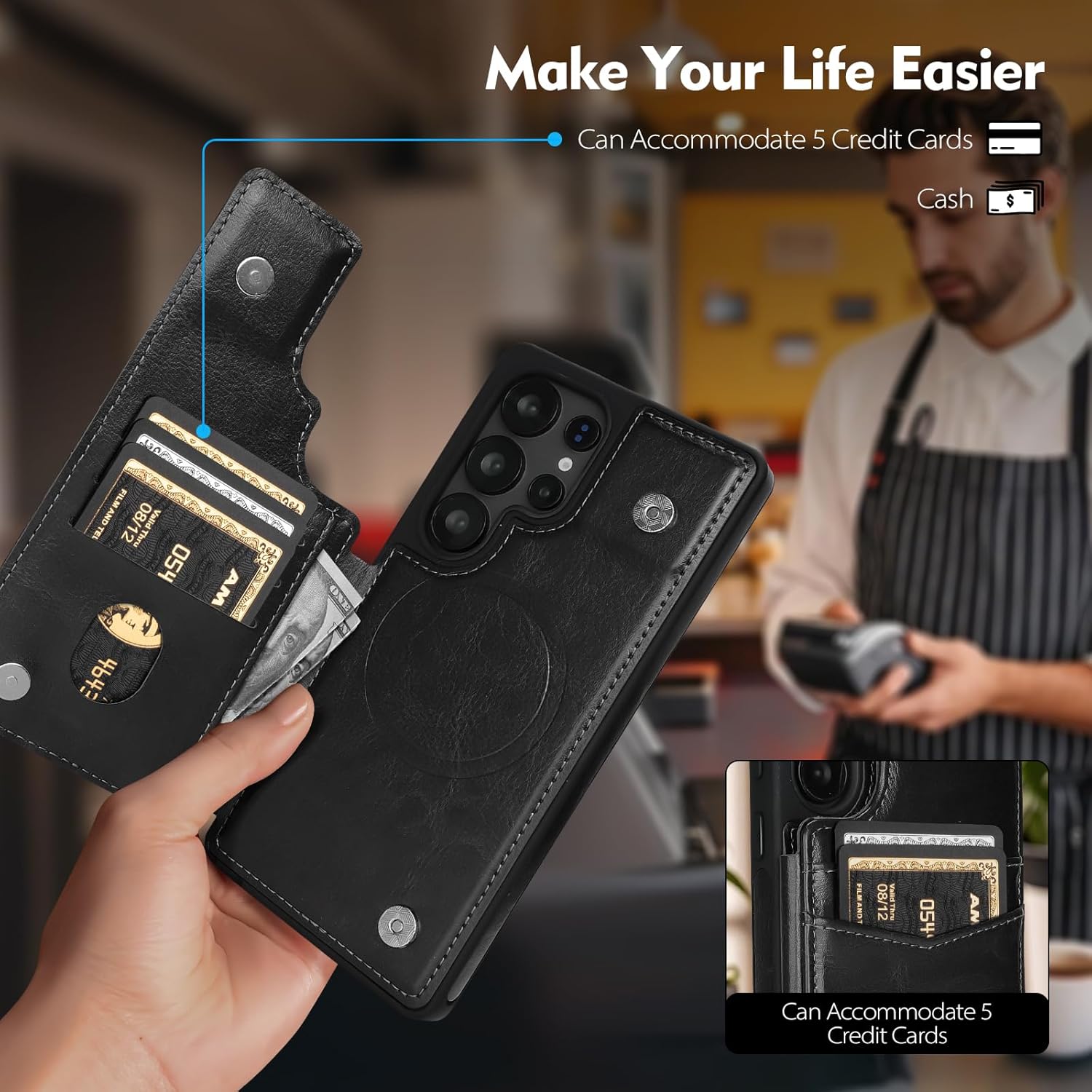 Compatible with Magsafe for Samsung Galaxy S25 Ultra Wallet Case with Card Holder,Women Men Phone Case PU Leather Kickstand Flip Protective Cover Credit Card Slots,for Galaxy S25 Ultra,Black - Image 4