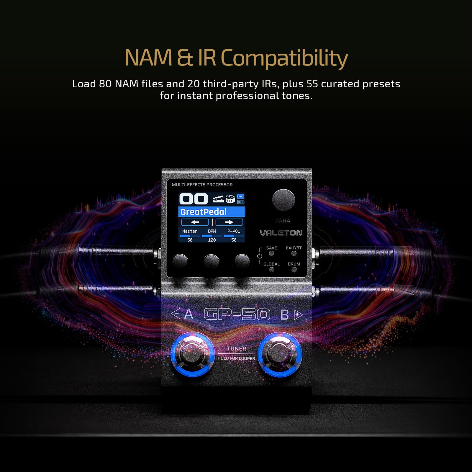VALETON Multieffekt-Prozessor & NAM/IR Loader mit 100+ HD Effekten, 9 Module gleichzeitig, BT-App, 100 Patch-Slots für Gitarre & Bass GP-50