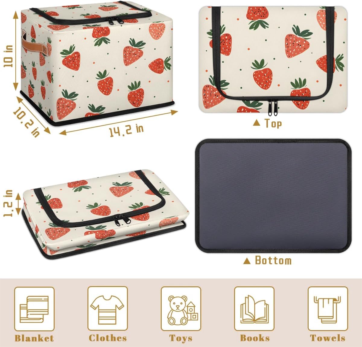 Cute Fruit Strawberry Collapsible Stackable Storage Bins with Lids Fabric Closet Organizer for Clothes, Toys, Blankets and Home Storage