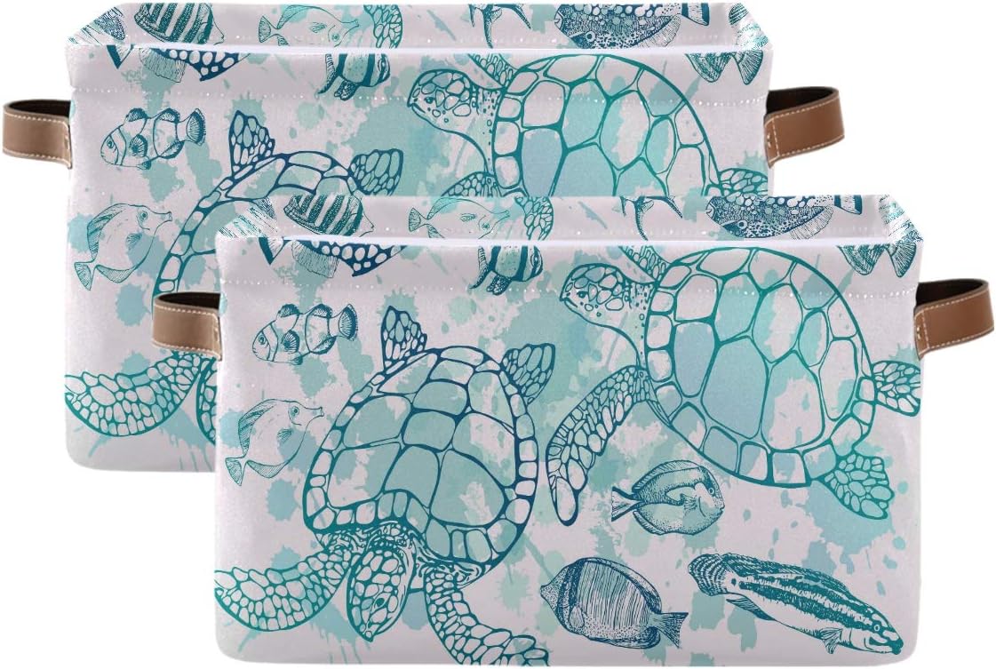 Storage Basket Cube Tropical Ocean Sea Turtle Fish Large Collapsible Toys Storage Box Bin Laundry Organizer for Closet Shelf Nursery Kids Bedroom,15x11x9.5 in,2 Pack