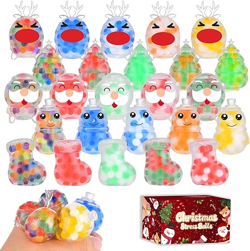 Paquete de 25 mini bolas de Navidad para apretar, paquete de bolas de estrés de Navidad perfectas para regalos de fiesta de Navidad, rellenos de