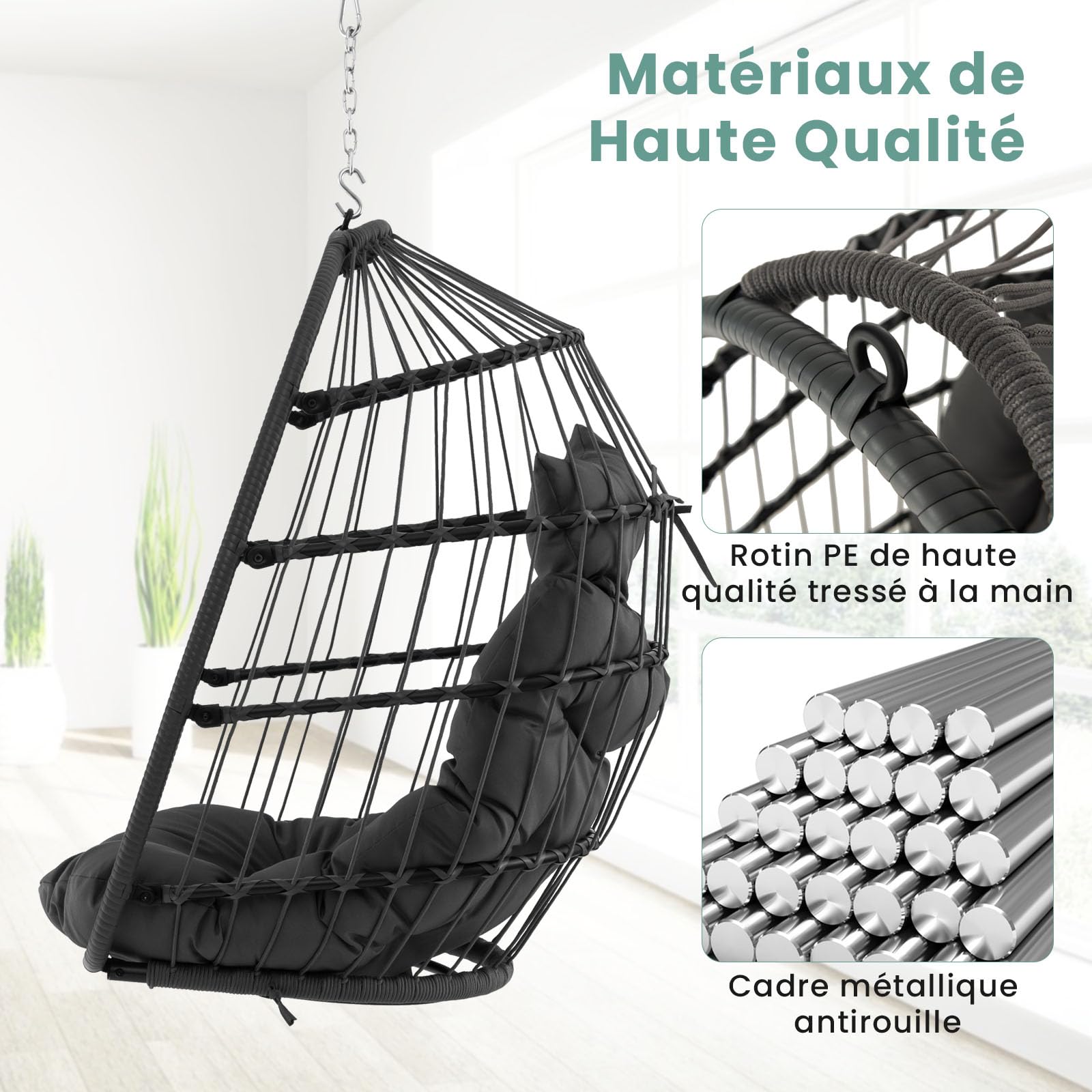GOPLUS - Sillón colgante de huevo, silla columpio con almohada y cojín suave, silla colgante de ratán PE, diseño plegable para interior, exterior, dormitorio, terraza, jardín, capacidad 150 kg