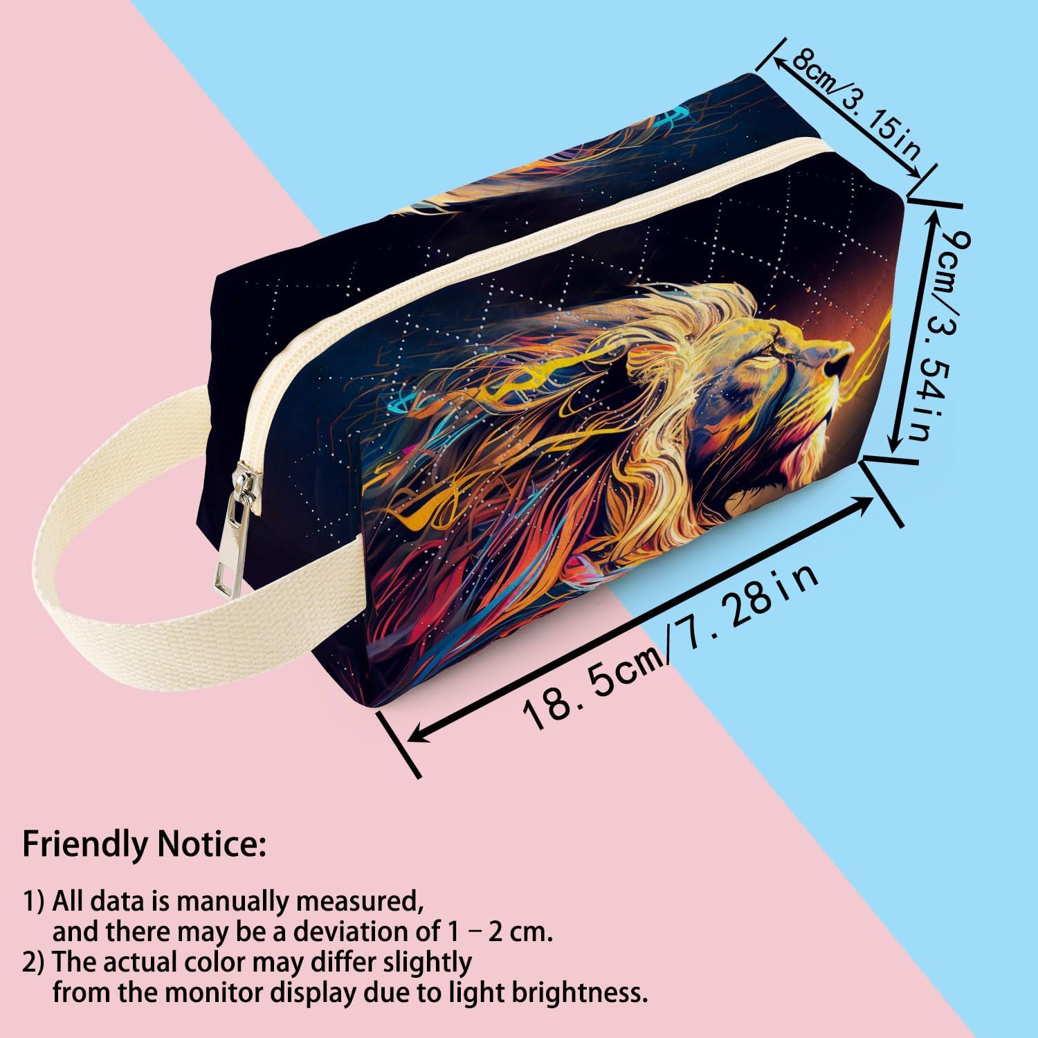 Lion Printed Quilted Makeup Pouch for Women - Velvety Polyester Cosmetic Organizer w/Triple Compartments, Travel & Makeup Brush Holder - Image 2