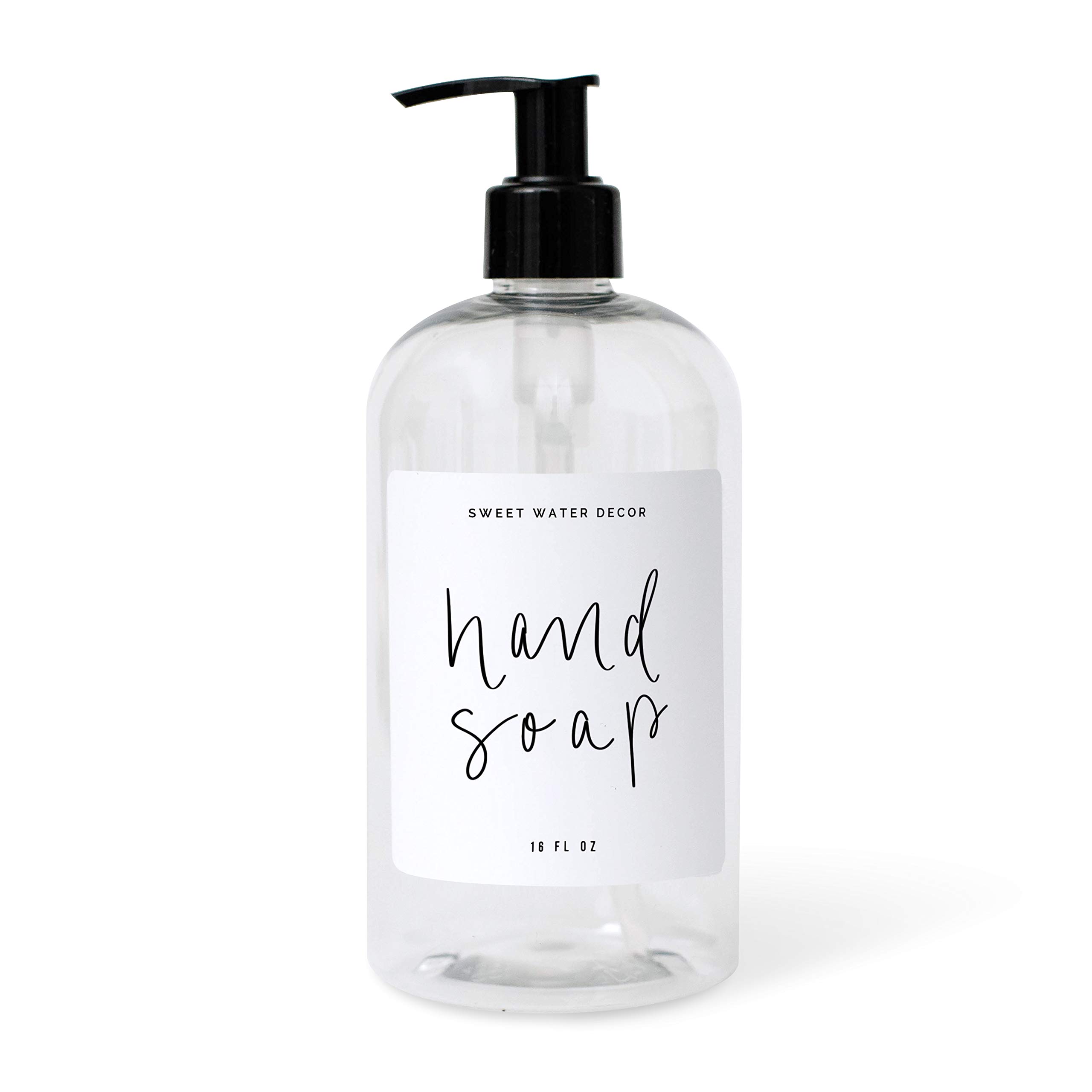SWEET WATER DECORClear 16 oz Plastic Soap Bottle Dispenser | Hand-Lettered Hand Soap Label on Dispensers | Farmhouse Kitchen | Refillable Soap Bottles | Soap Pump