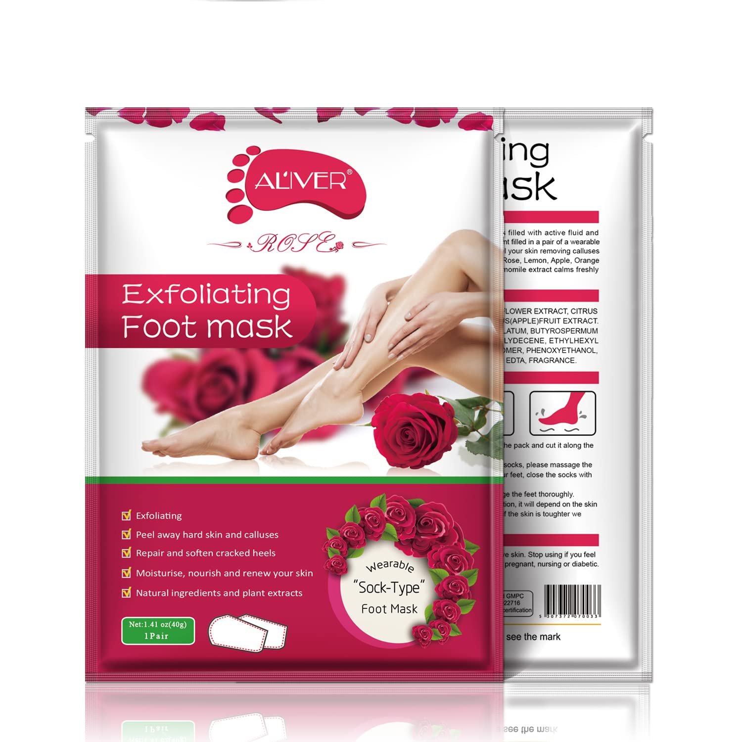 Foot Mask 3 Pack, Exfoliating Foot Peel Mask for ed Heels, Dead Skin and Calluses, Repairs Rough Heels(Rose)