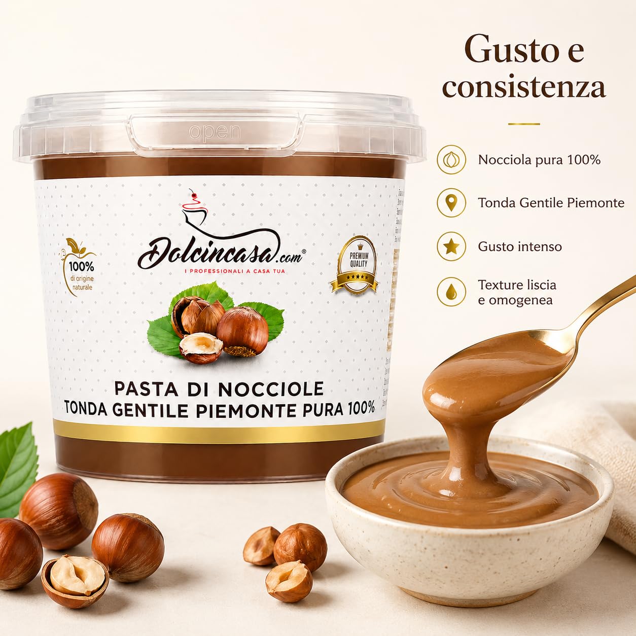 Dolcincasa-Pasta di Nocciole Piemonte IGP Nocciola Tonda Gentile delle Langhe Pura al 100% per Gelati, Creme, Panna e altri usi in Pasticceria 500g