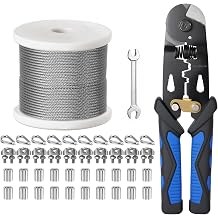 1/8 Inch Stainless Steel Cable 100FT,- 7x7 Strand Aircraft Wire Rope,with Loop Sleeve and Steel Thimble,Wire Clamp Clip,Outdoor Hanging kit, Garden Fence, Marine, DIY Projects