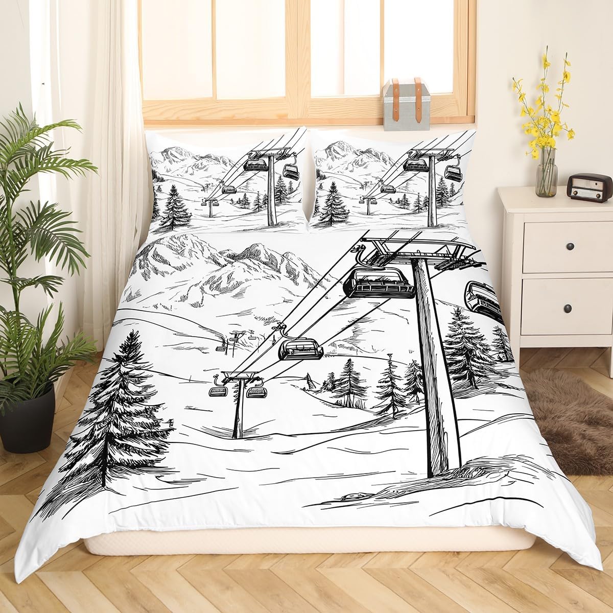 Ski Lift Duvet Cover Set King Size,Skiing Sport Bedding Set 3Pcs,Snow Mountain Pine Jungle View Comforter Cover for Kids Boys Girls Adult Room Decor Black White Sketch Quilt Cover,2 Pillowcases