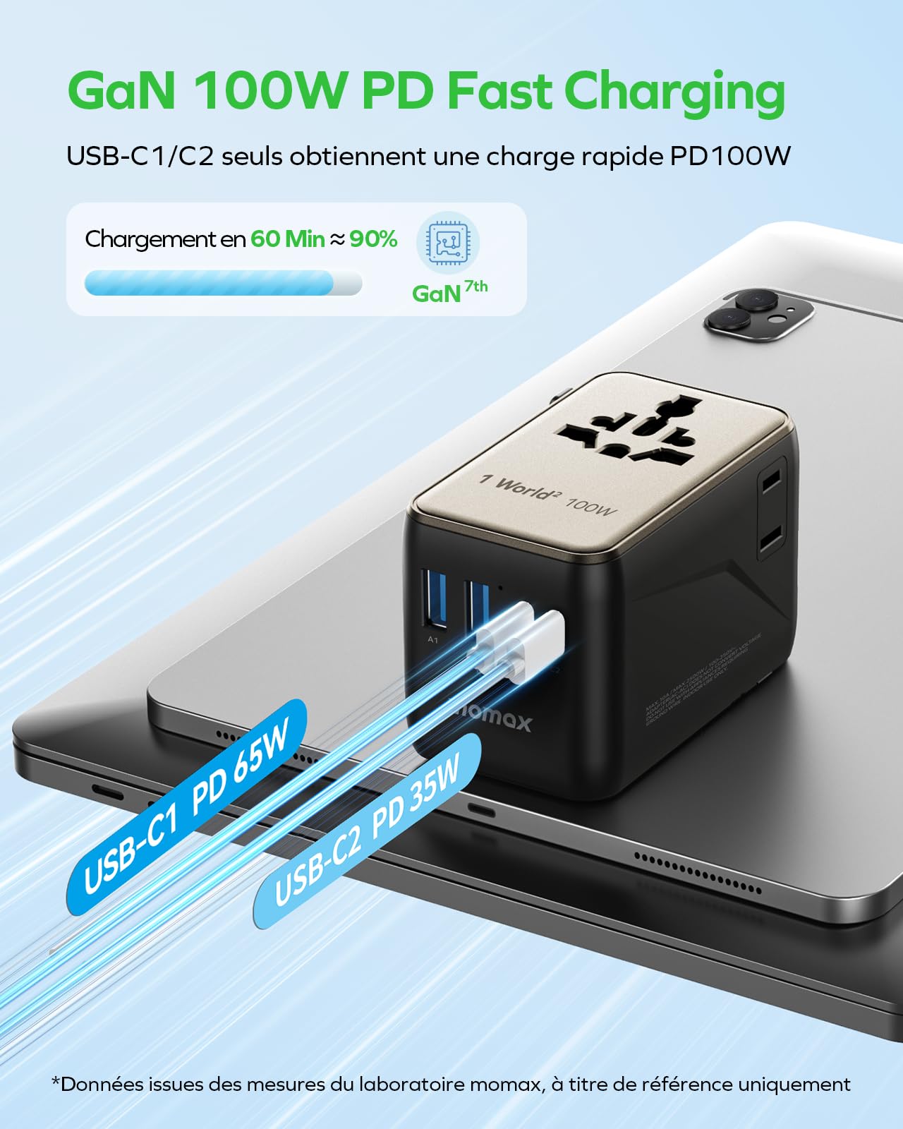 Chargeur Rapide Universel 100W GaN avec 2 Prises AC, 2 USB-C PD + 2 USB-A QC - Compatible avec Plus de 150 Pays dans Le Monde Entier (UE, États-Unis, Royaume-Uni, Japon, etc.) -Or