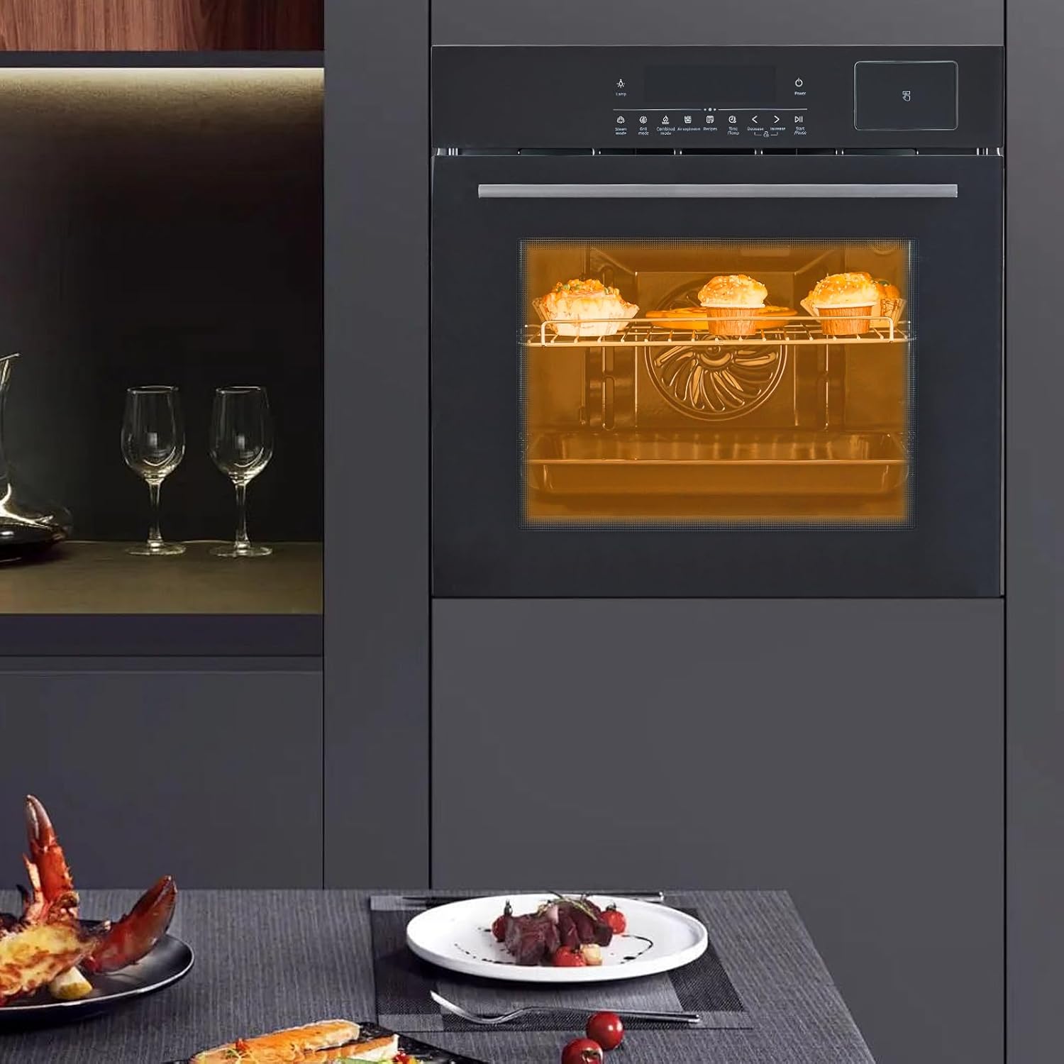24 Inch Electric Wall Oven, Black Stainless, Touch Control, 2.5 Cu.ft, in‑Wall Convection, 240V 3000W, Multiple Cooking Functions & Auto Menus, Timer, Child Safety Lock, Triple‑Glass Door