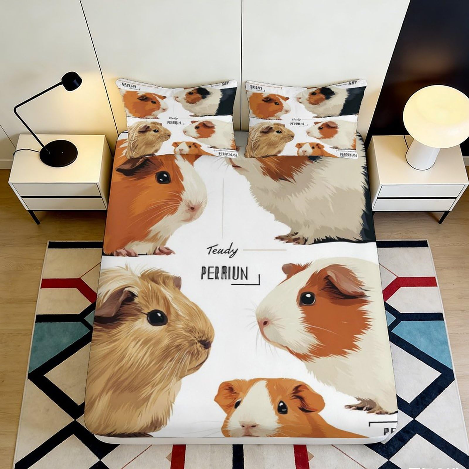 3D Printed Guinea Pig Pattern Fitted Sheet Microfiber Soft Breathable Rodent Design Bed Cover for Bedroom Dormitory Guest Room Mattress Protection 120x200x25cm