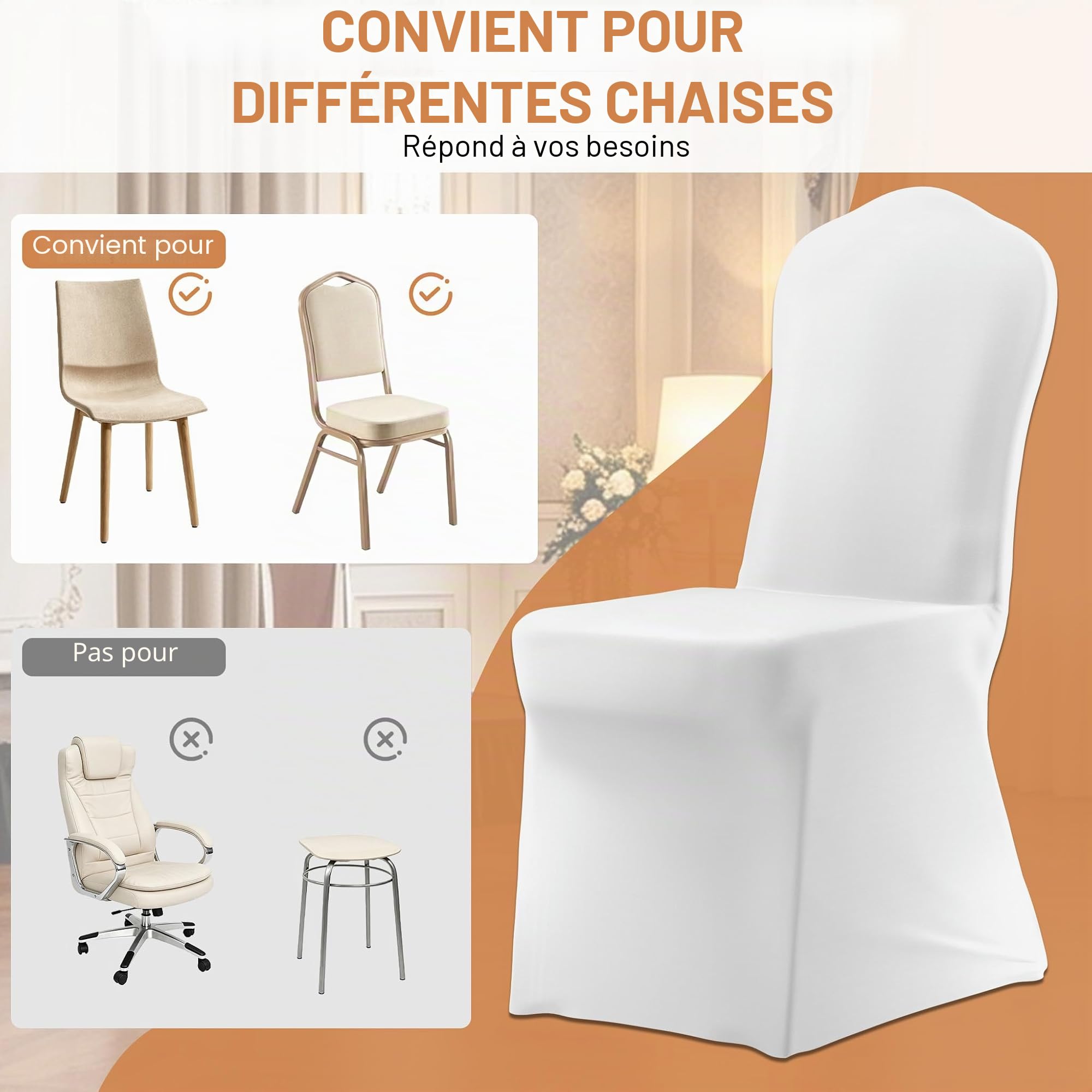 Aufun Lot de 50 Housses de Chaise universelles en Lycra pour Salle à Manger, Mariage, hôtel, Restaurant, Banquet, fête, Blanc 50 pezzi Bianchi Blanc
