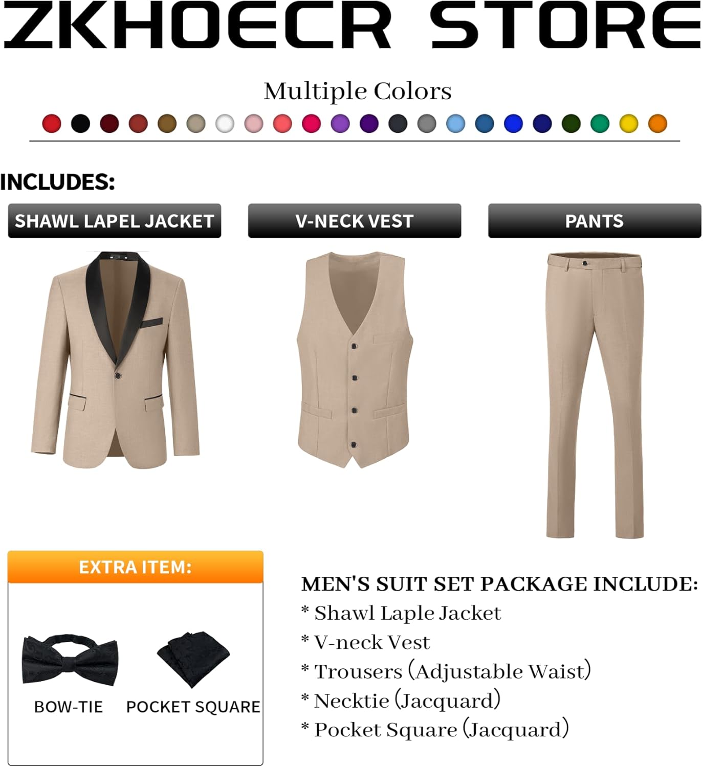 Men's 3 Piece Slim Fit Suit One Button Shawl Lapel Jacket Vest Pants Tuxedo Set with Bow Tie Pocket Square - Image 2