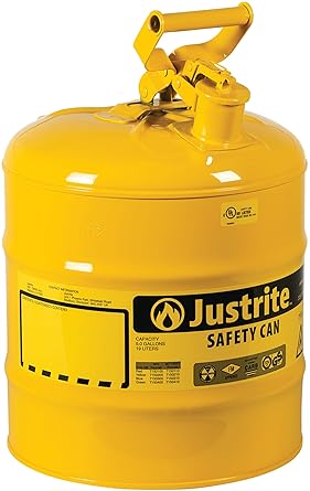 Justrite 5 Gallon Type I Yellow Safety Can for Diesel with Flame Arrester and Self-Closing Lid, Made in the USA, Galvanized Steel Flammable Storage Can, 7150200