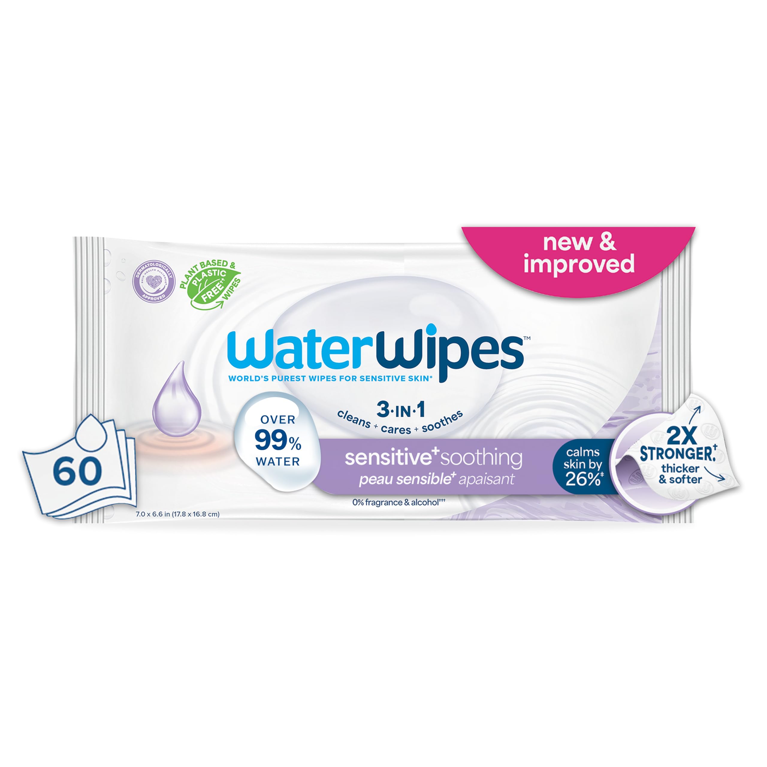 WaterWipes Plastic-Free Soothing Clean 99% Water Based Botanical Baby Wipes, Unscented & Hypoallergenic for Sensitive Skin, 1 Resealable Packs (60 Wipes)