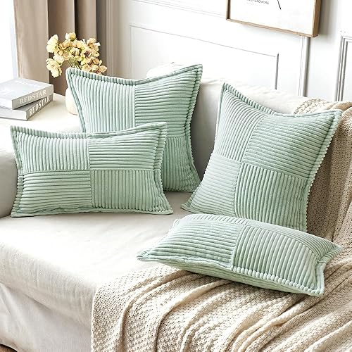 Miniatura 10 de MIULEE Juego de 2 fundas de almohada de pana verde claro de 20 x 20 pulgadas con empalme, juego de 2 fundas de almohada súper suaves de rayas